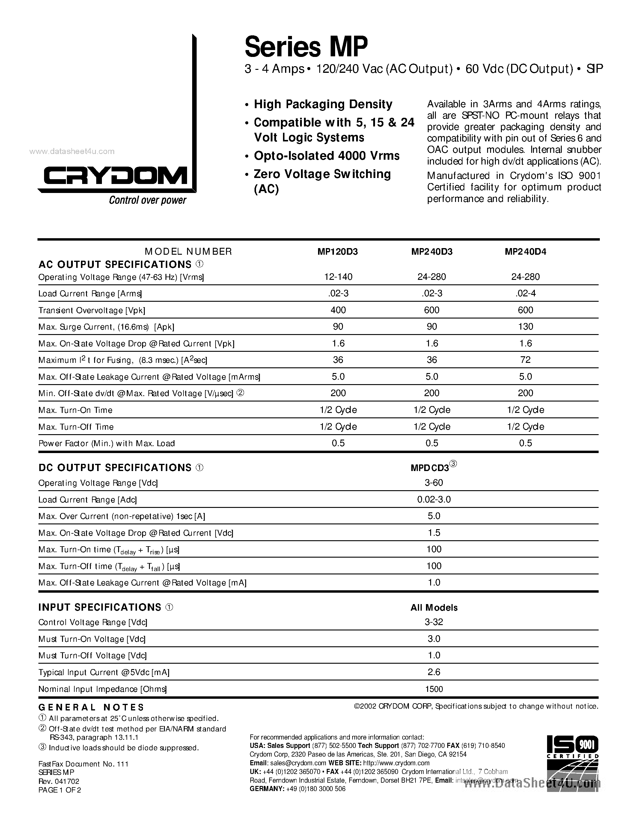 Datasheet MP120D3 - Zero Cross0.02-3 Amps RMS12-140 Volts RMS3-32 Control - Volts DC page 1