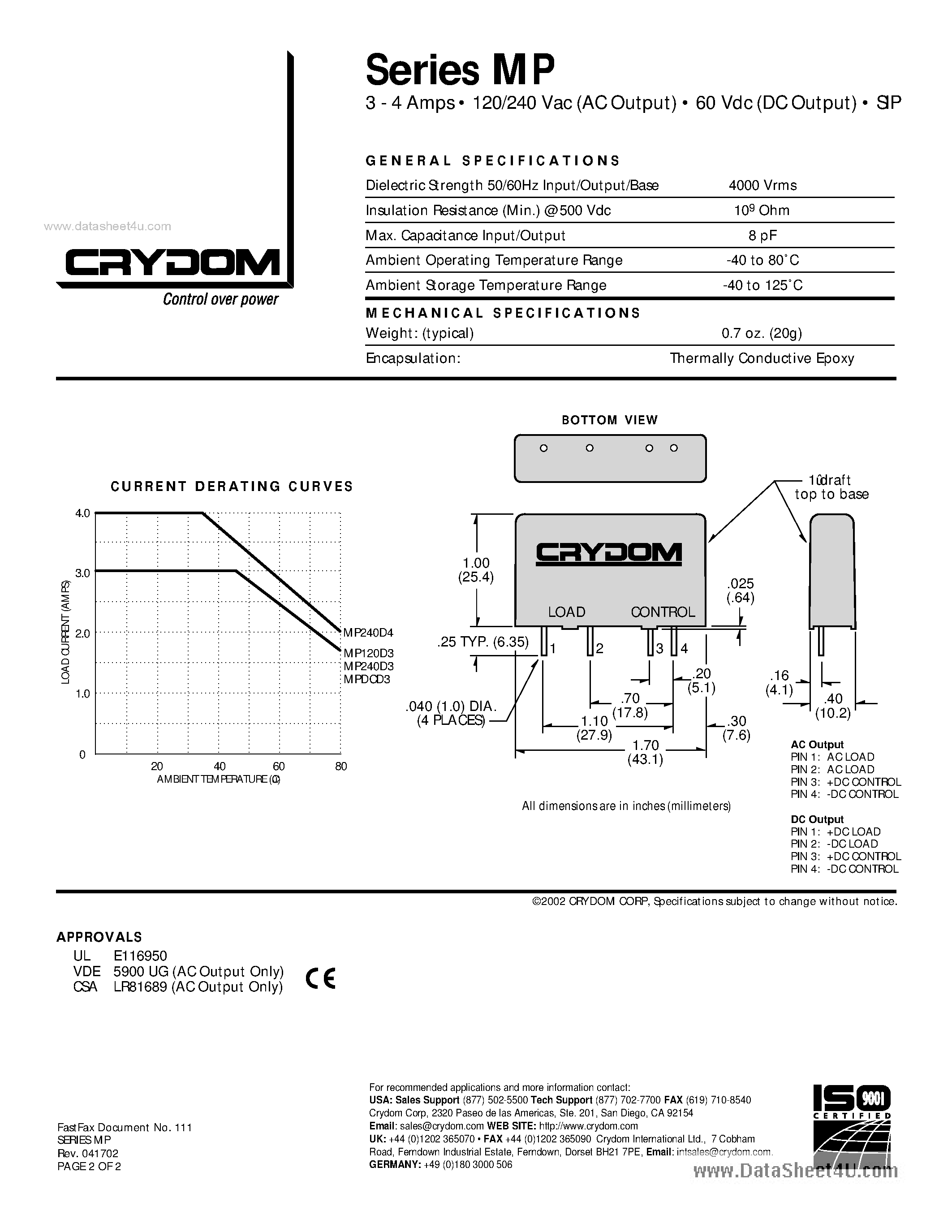 Datasheet MP120D3 - Zero Cross0.02-3 Amps RMS12-140 Volts RMS3-32 Control - Volts DC page 2