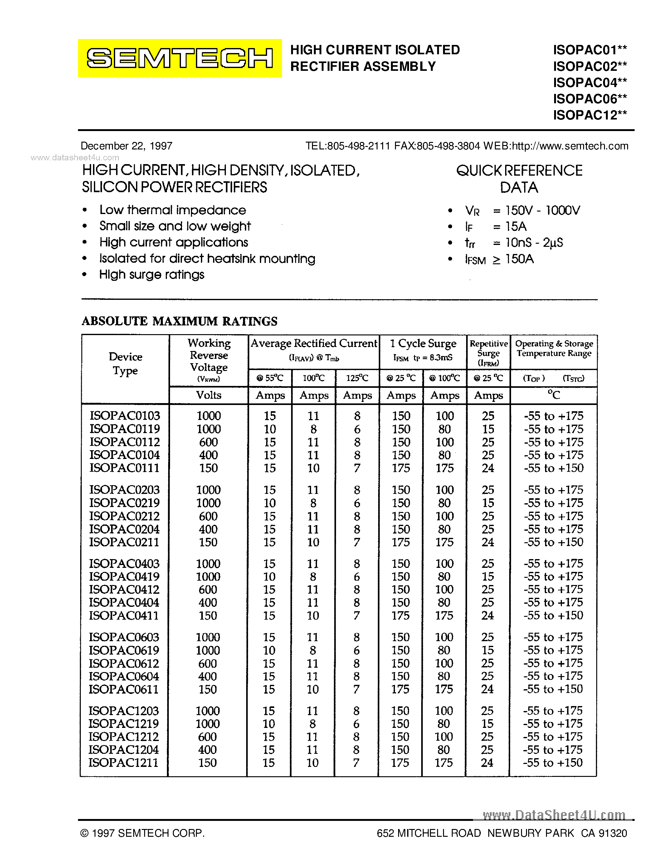 Datasheet ISOPAC01xx - (ISOPAC01xx - ISOPAC12xx) HIGH CURRENT ISOLATED RECTIFIER ASSEMBLY page 1