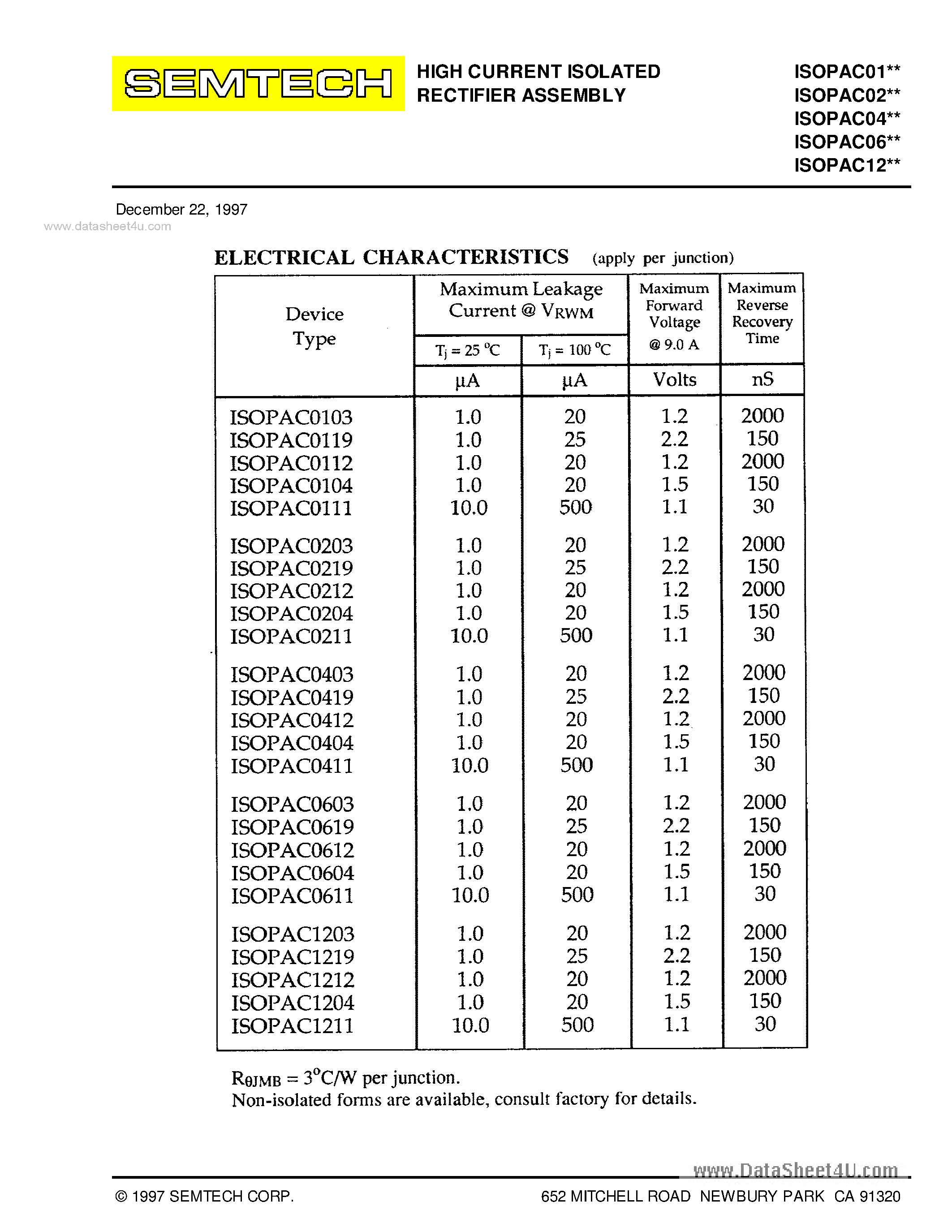 Datasheet ISOPAC01xx - (ISOPAC01xx - ISOPAC12xx) HIGH CURRENT ISOLATED RECTIFIER ASSEMBLY page 2