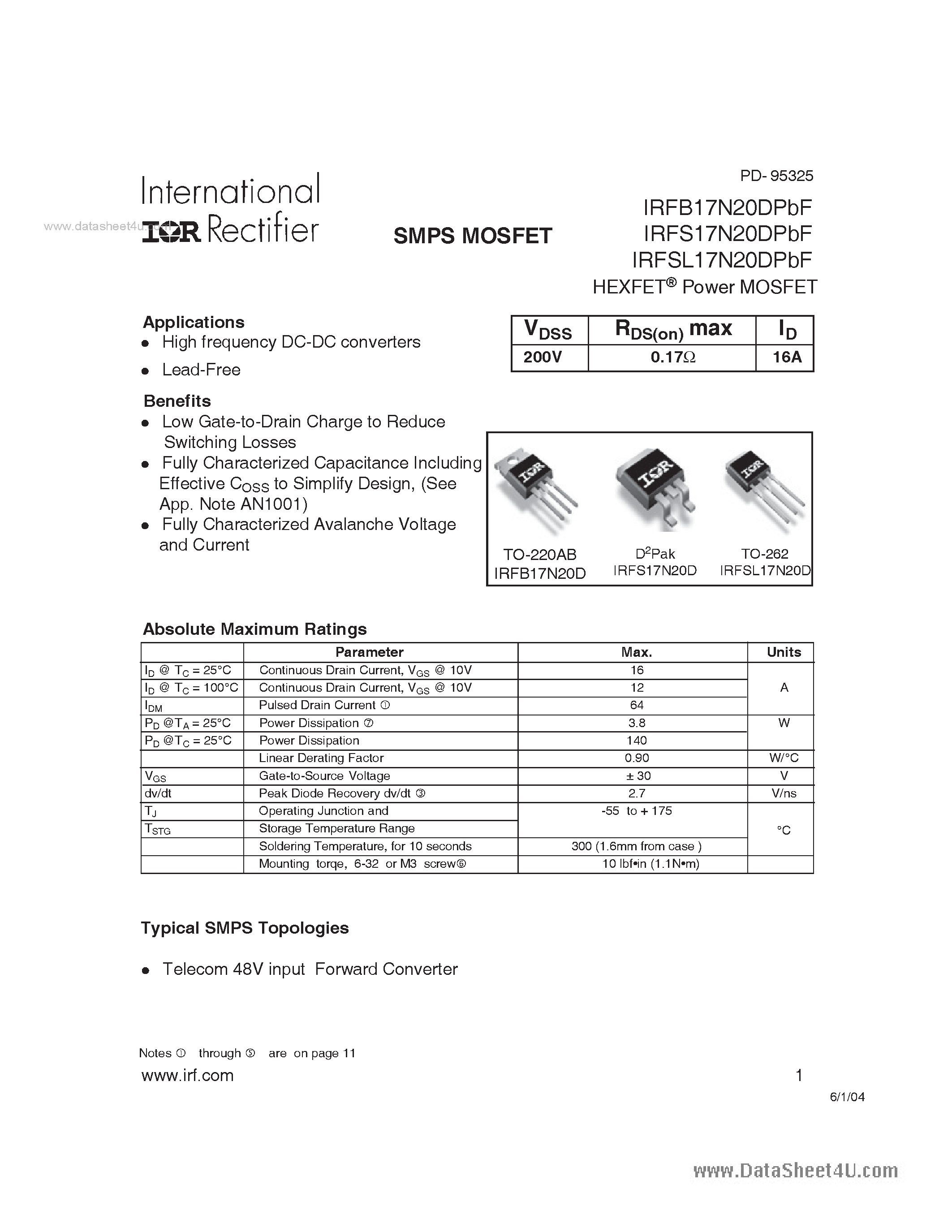 Datasheet IRFB17N20DPBF - HEXFET Power MOSFET page 1
