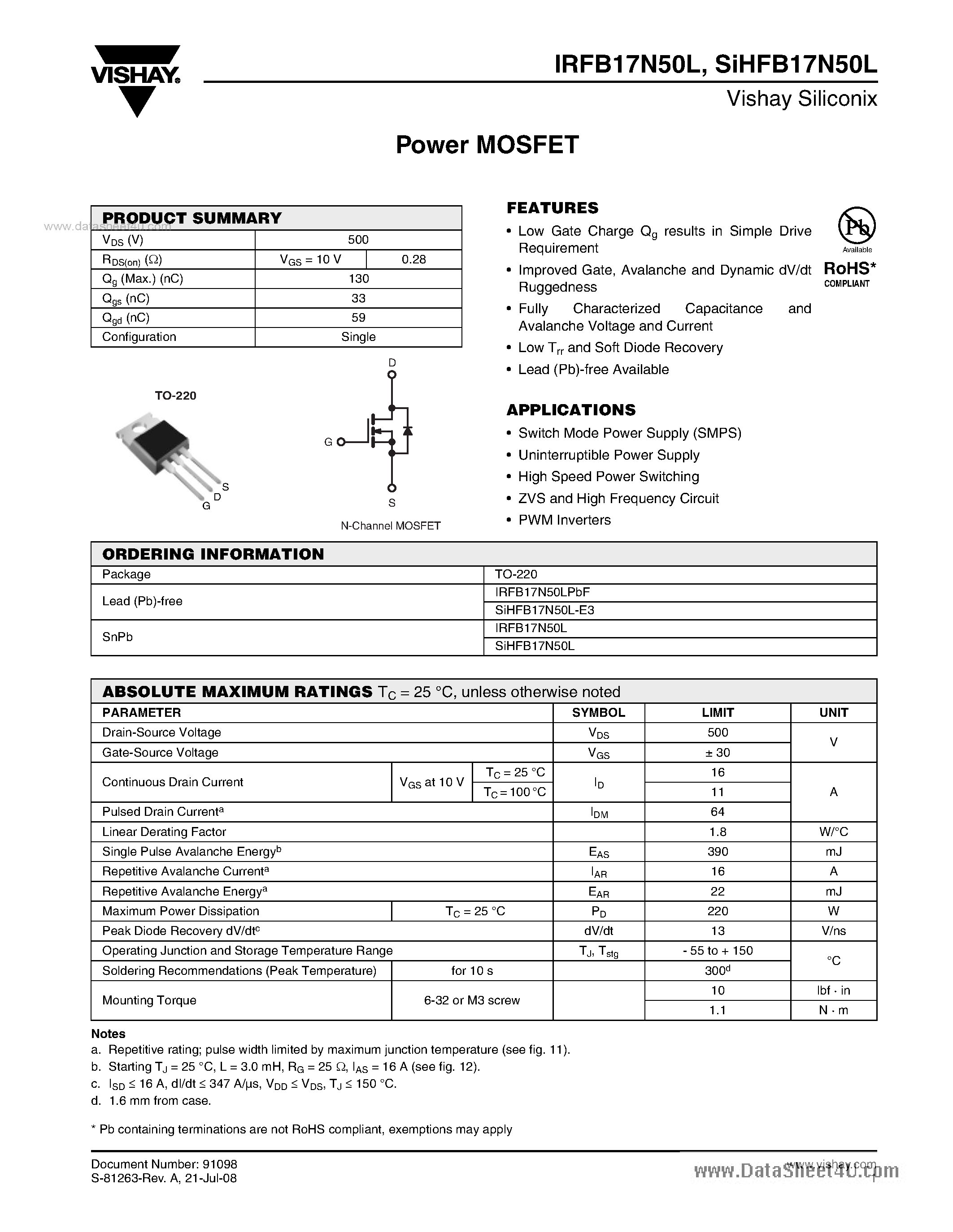 Datasheet IRFB17N50L - Power MOSFET page 1