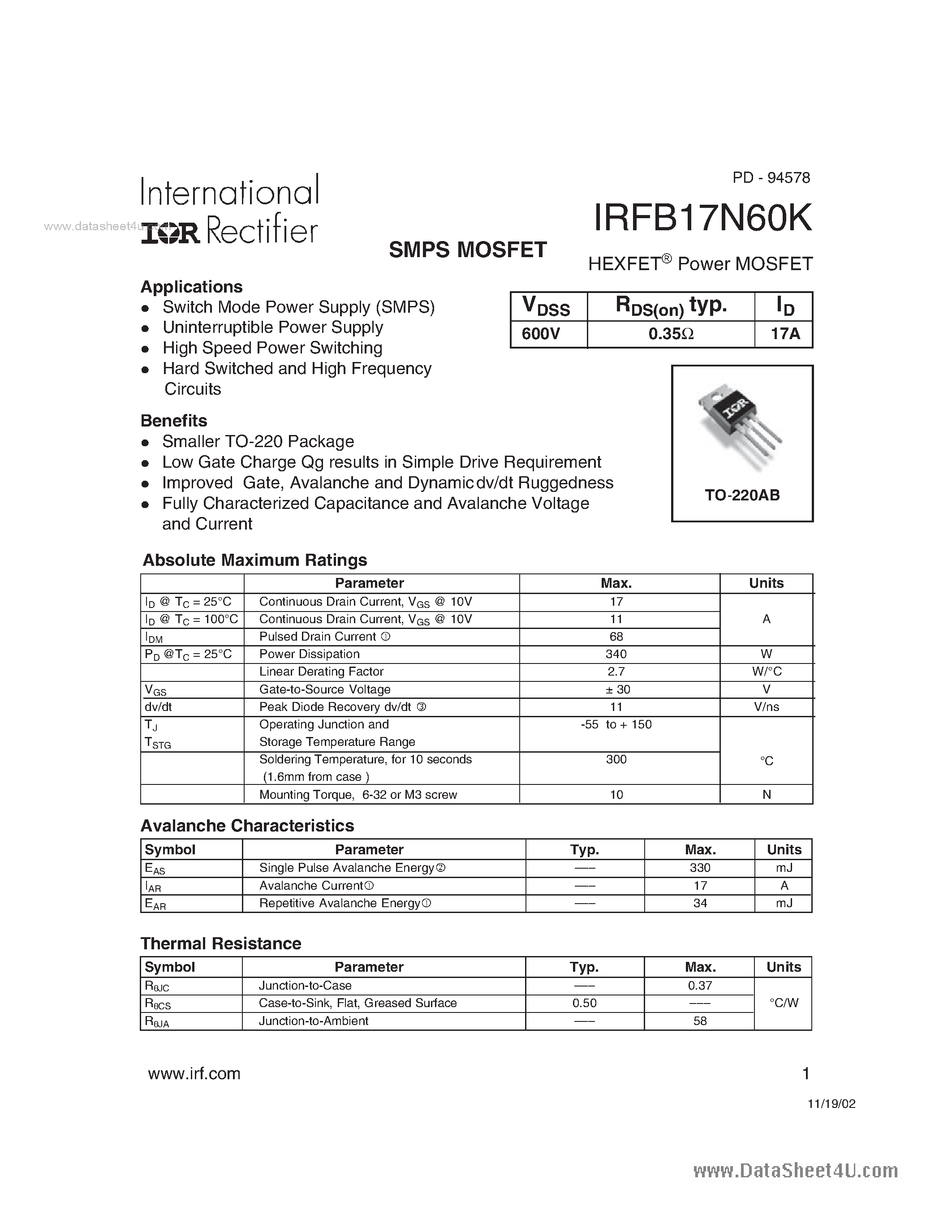 Datasheet IRFB17N60K - SMPS MOSFET page 1