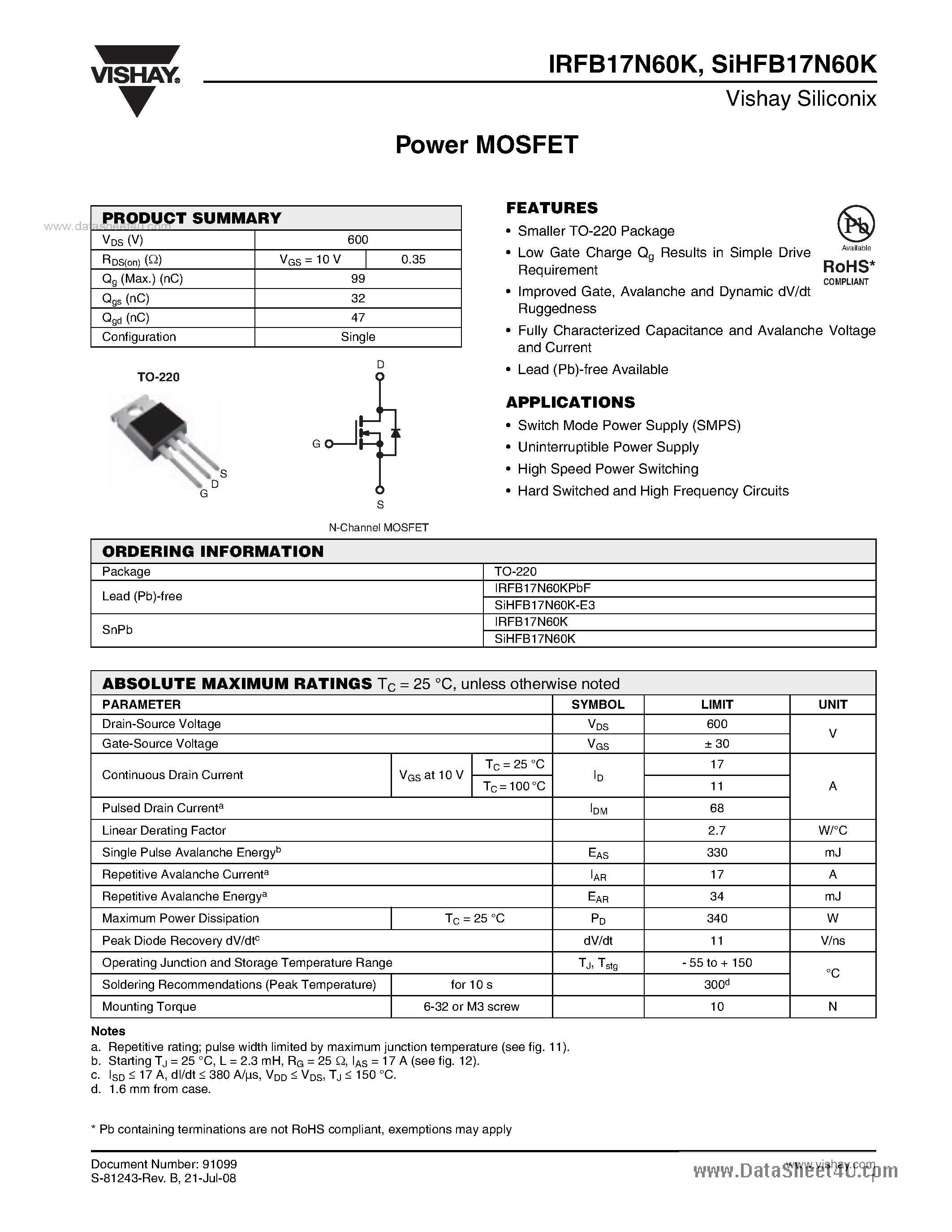 Datasheet IRFB17N60K - Power MOSFET page 1