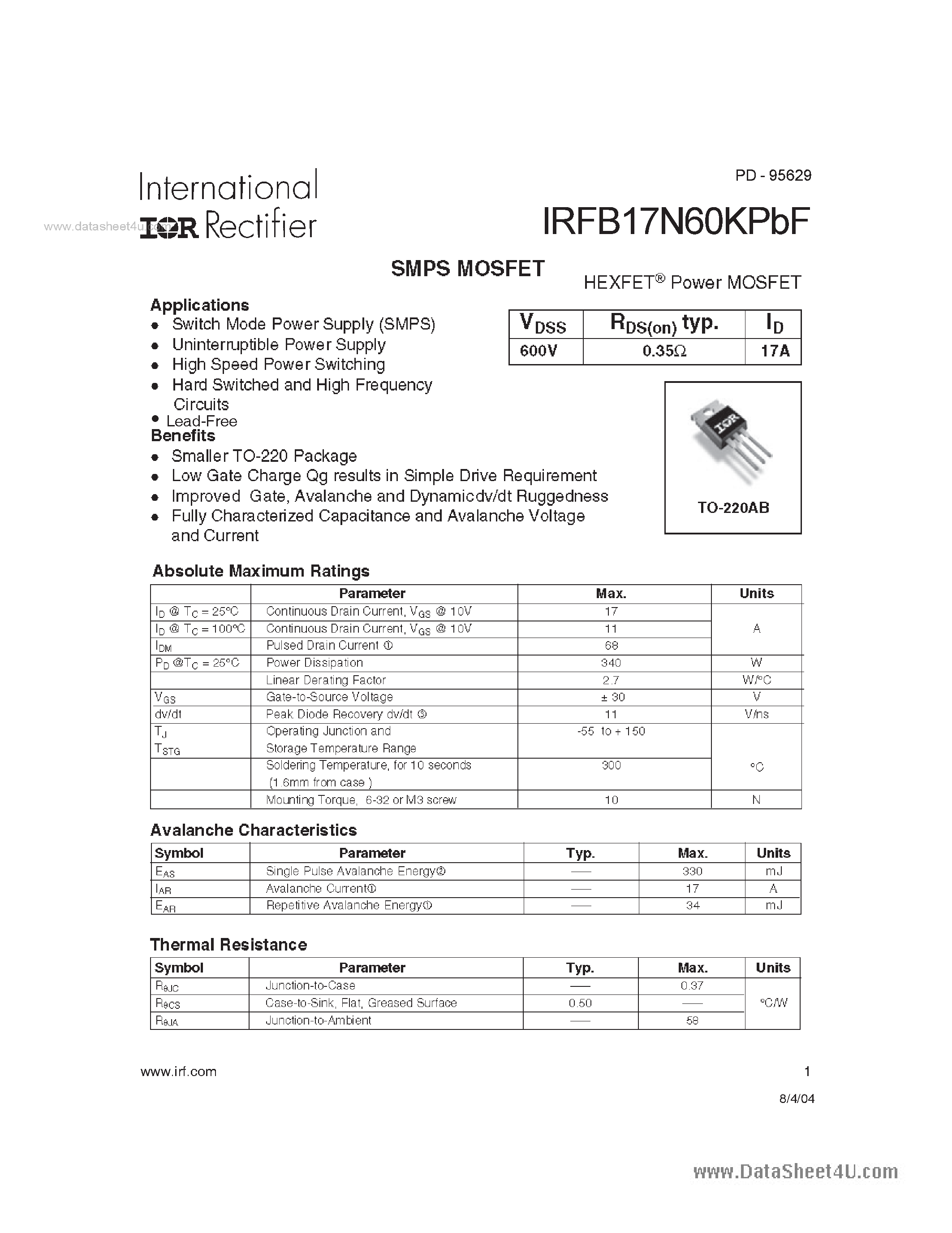 Datasheet IRFB17N60KPBF - SMPS MOSFET page 1