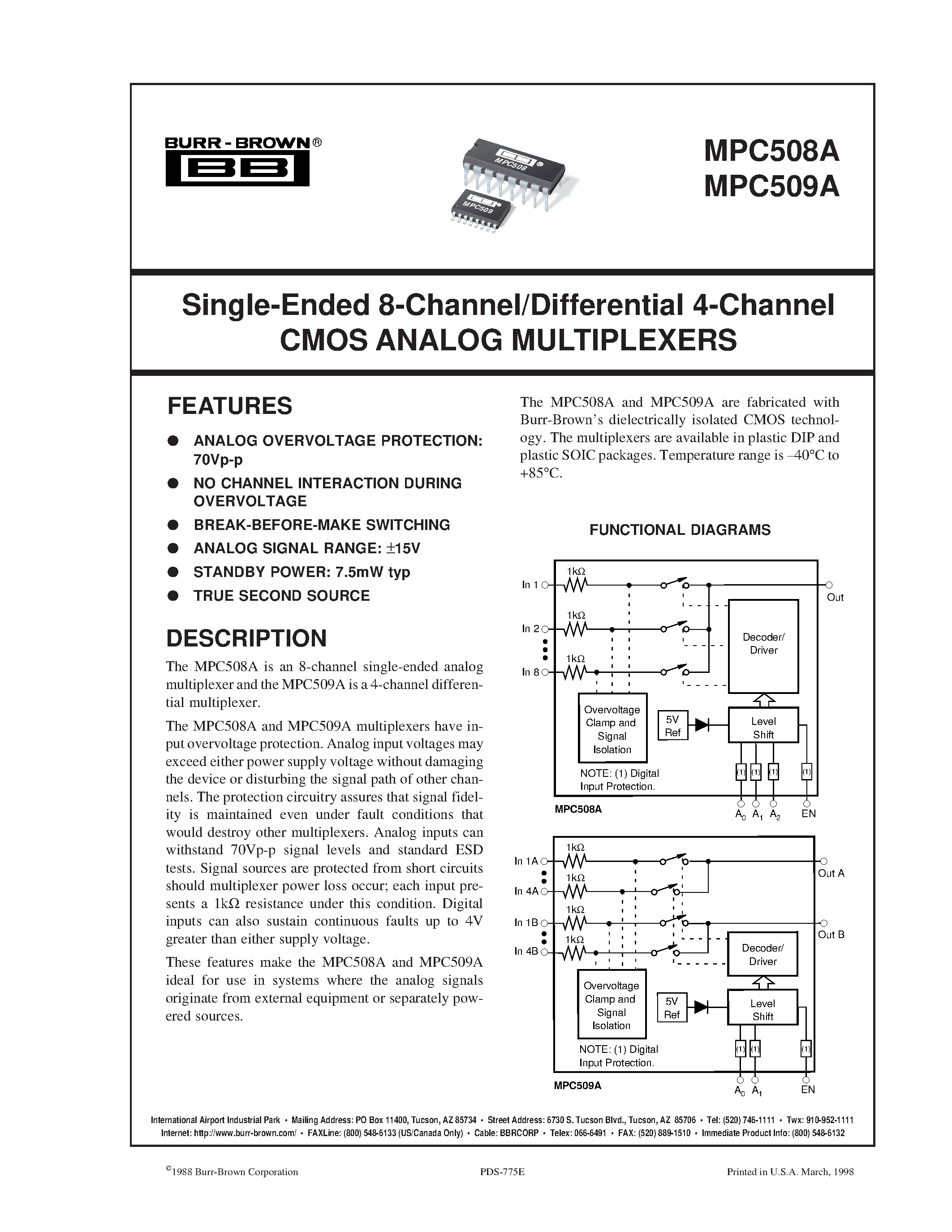 Datasheet MPC508A - Single-Ended 8-Channel/Differential 4-Channel CMOS ANALOG MULTIPLEXERS page 1
