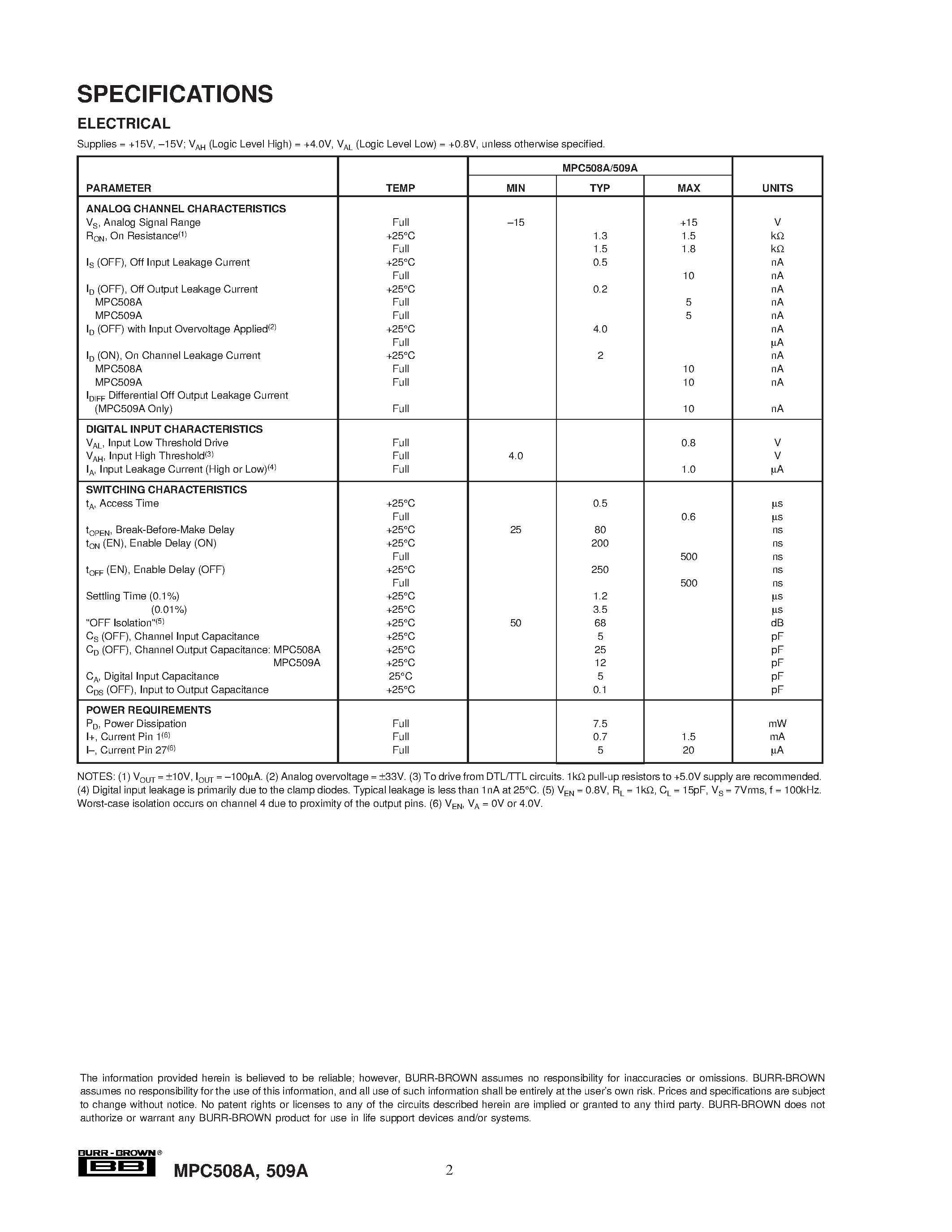 Datasheet MPC508A - Single-Ended 8-Channel/Differential 4-Channel CMOS ANALOG MULTIPLEXERS page 2