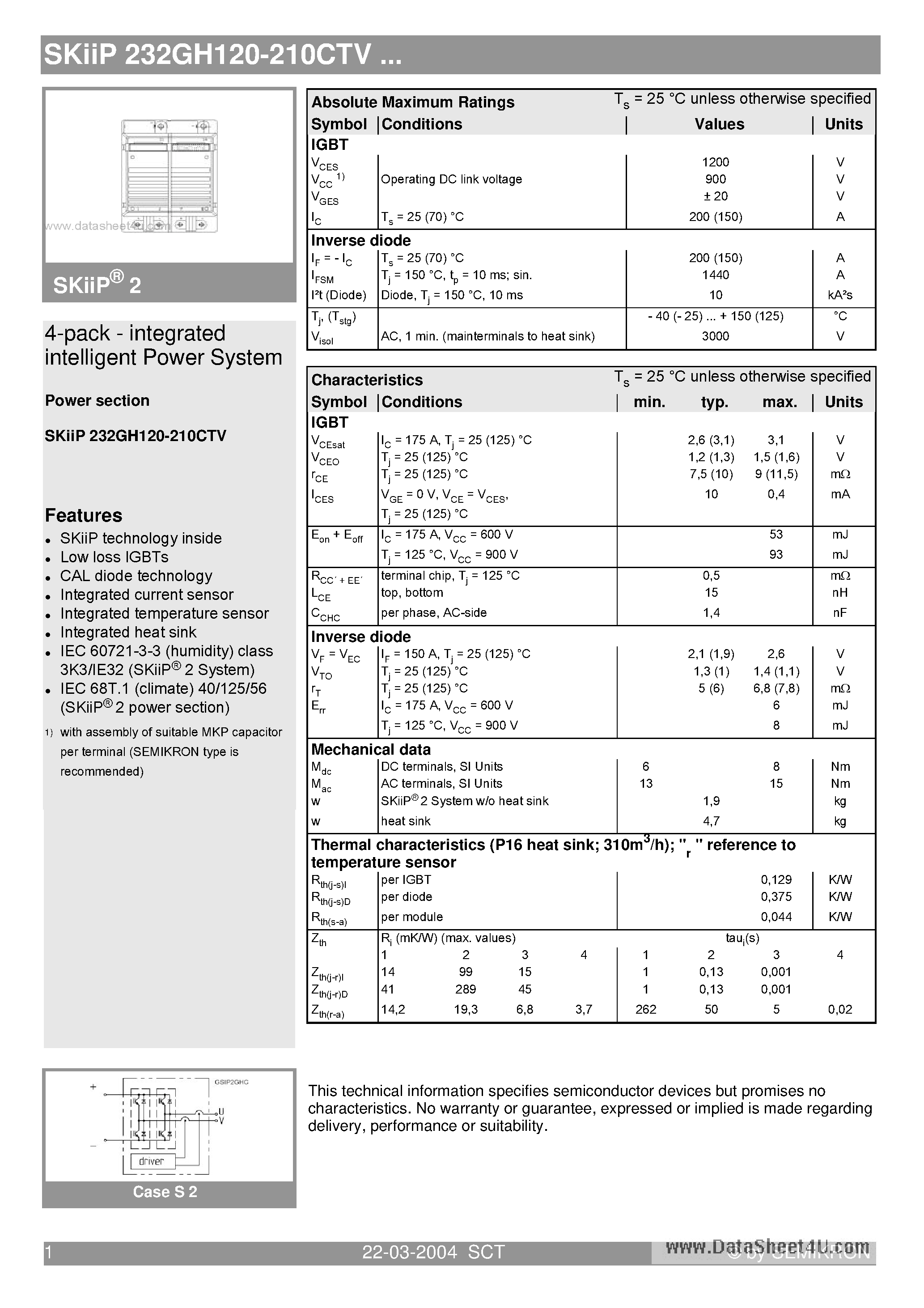 Datasheet SKIIP232GH120-210CTV - 4-pack - integrated intelligent Power System page 1
