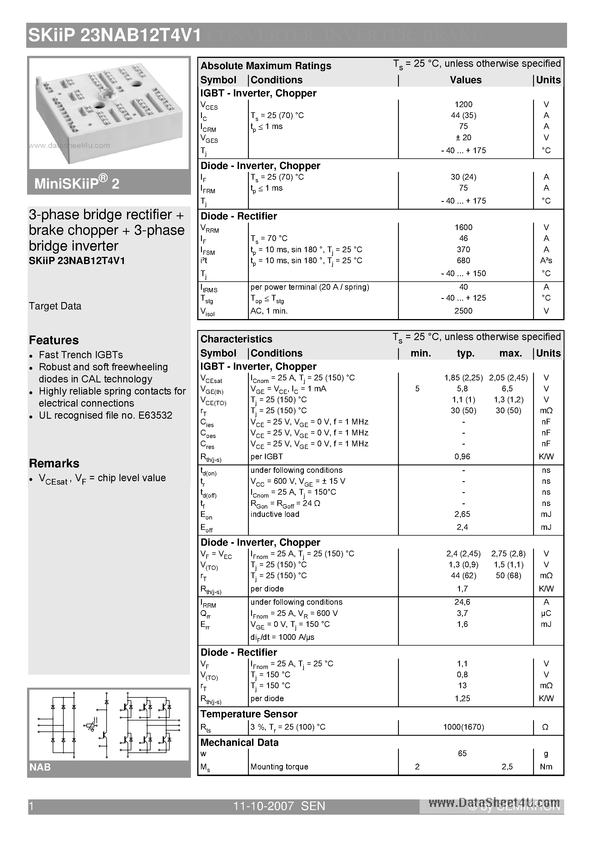 Datasheet SKIIP23NAB12T4V1 - 3-phase bridge rectifier brake chopper 3-phase bridge inverter page 1