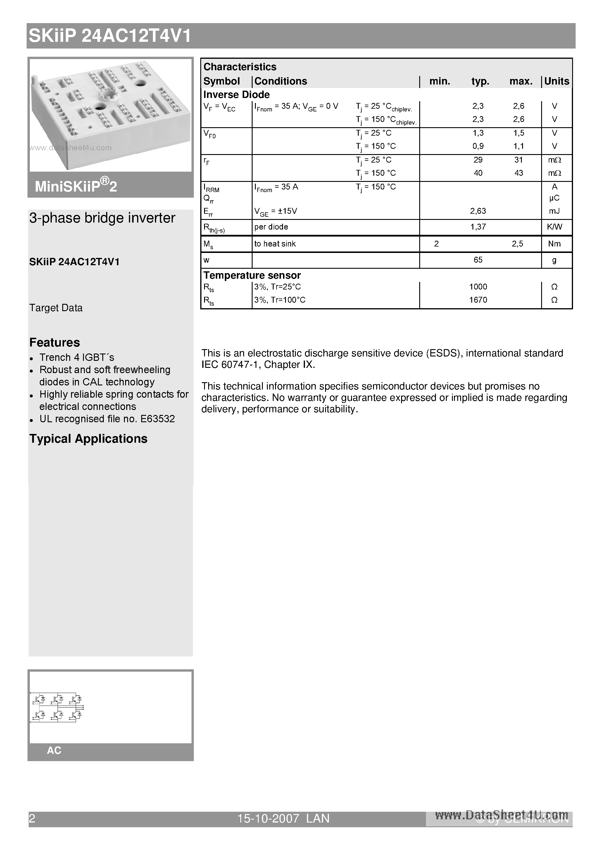 Datasheet SKIIP24AC12T4V1 page 2 Datasheet SKIIP24AC12T4V1 - 3-phase bridge inverter page 2