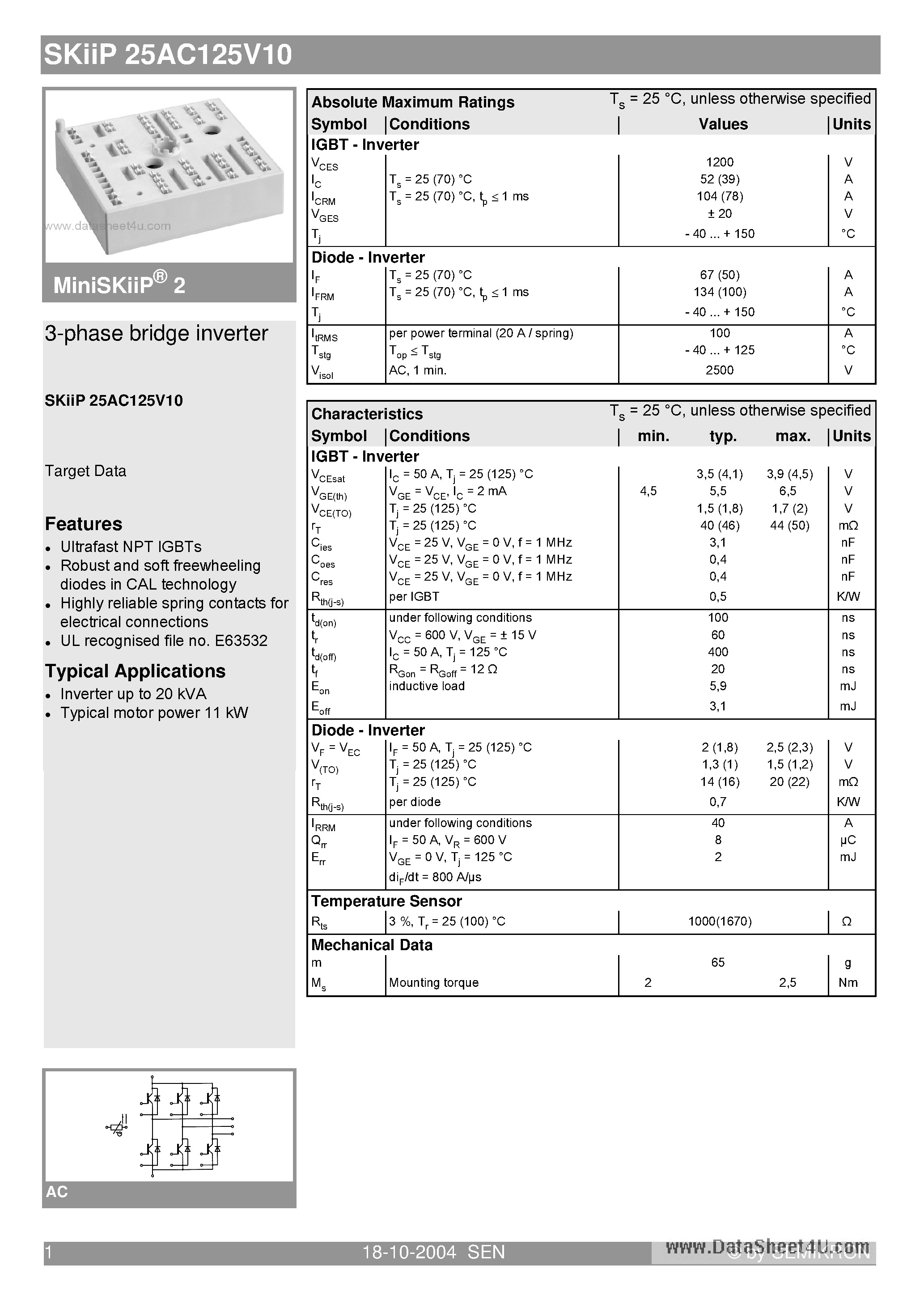 Datasheet SKIIP25AC125V10 page 1 Datasheet SKIIP25AC125V10 - 3-phase bridge inverter page 1