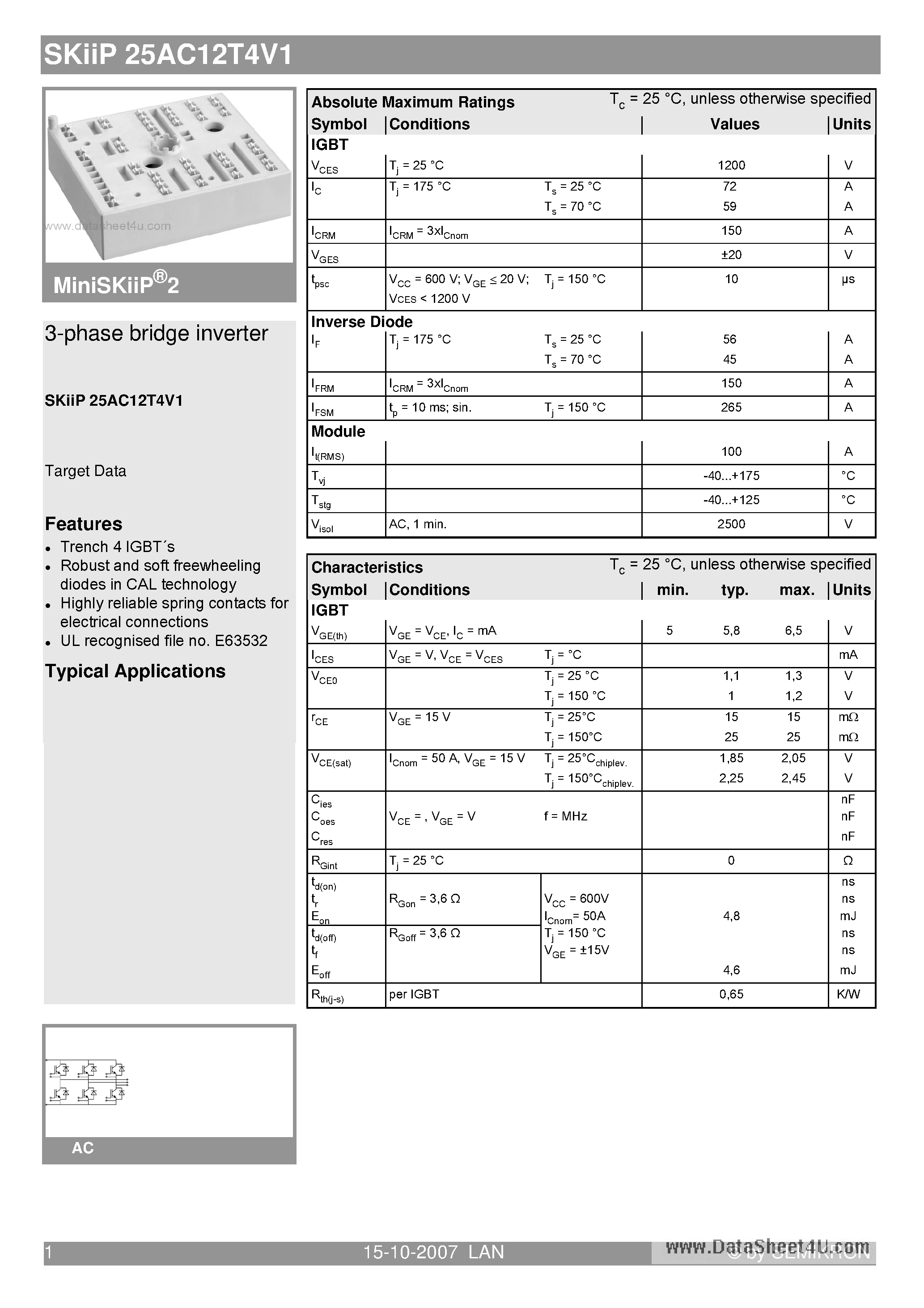 Datasheet SKIIP25AC12T4V1 - 3-phase bridge inverter page 1