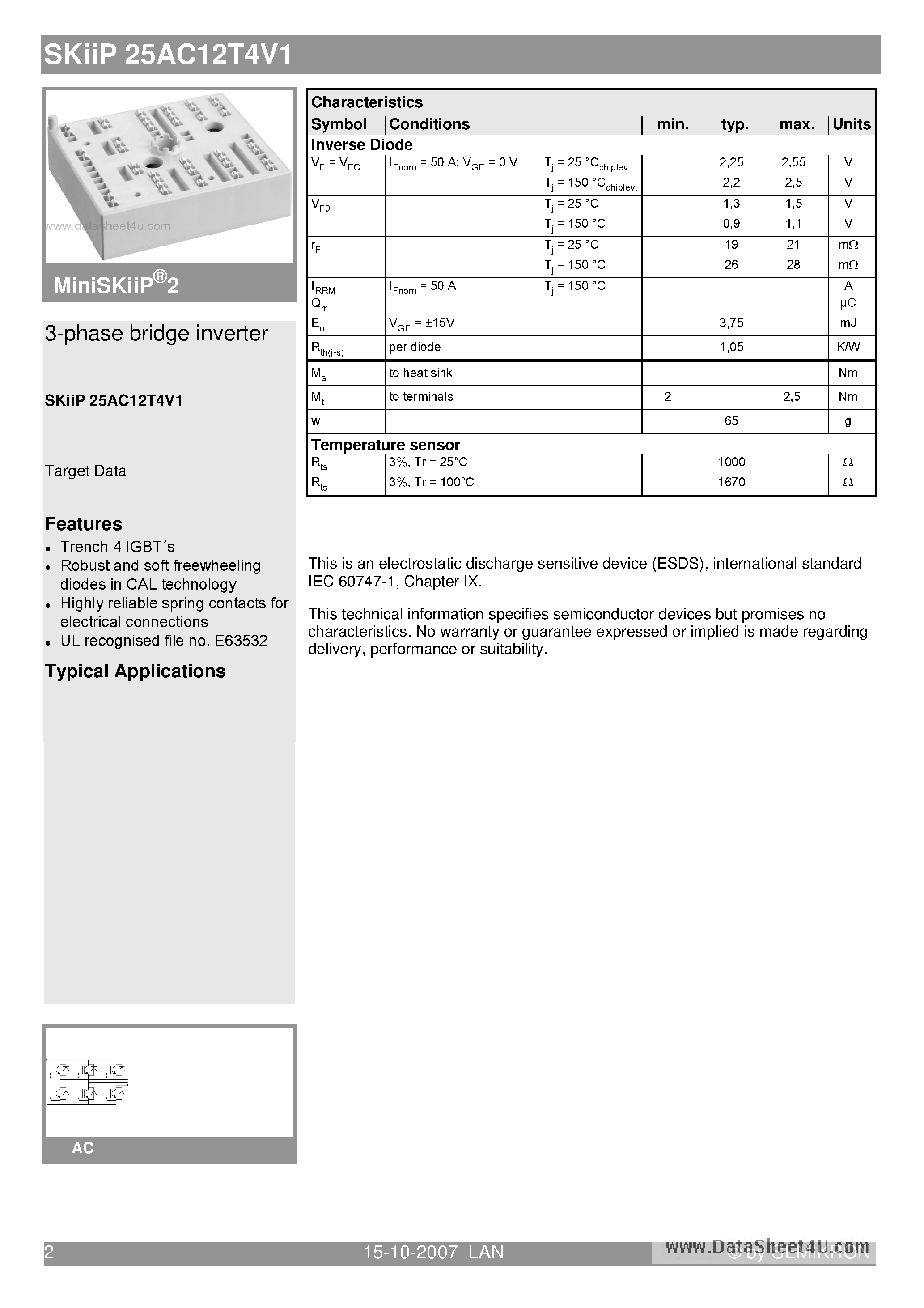 Datasheet SKIIP25AC12T4V1 - 3-phase bridge inverter page 2