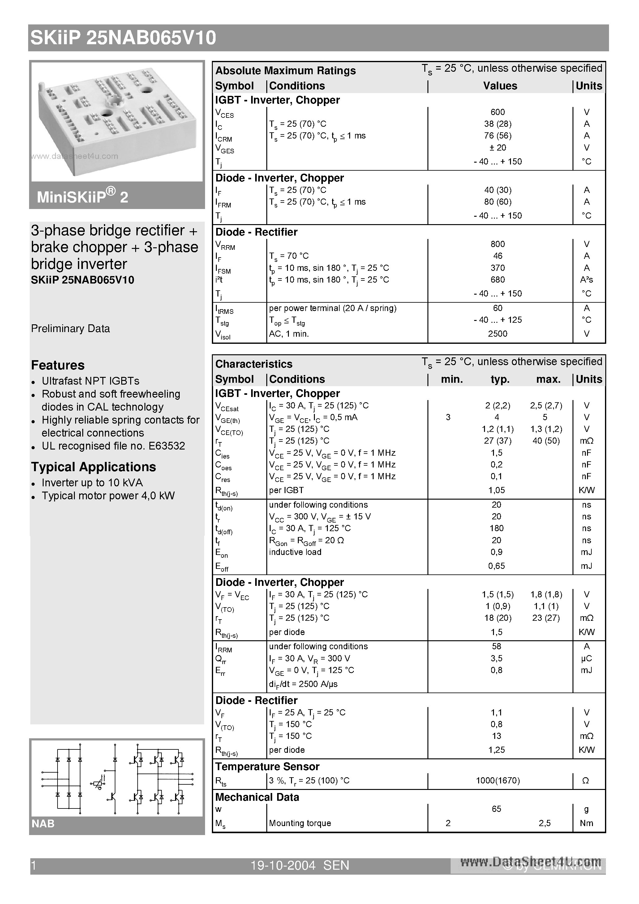 Datasheet SKIIP25NAB065V10 - 3-phase bridge rectifier brake chopper 3-phase bridge inverter page 1