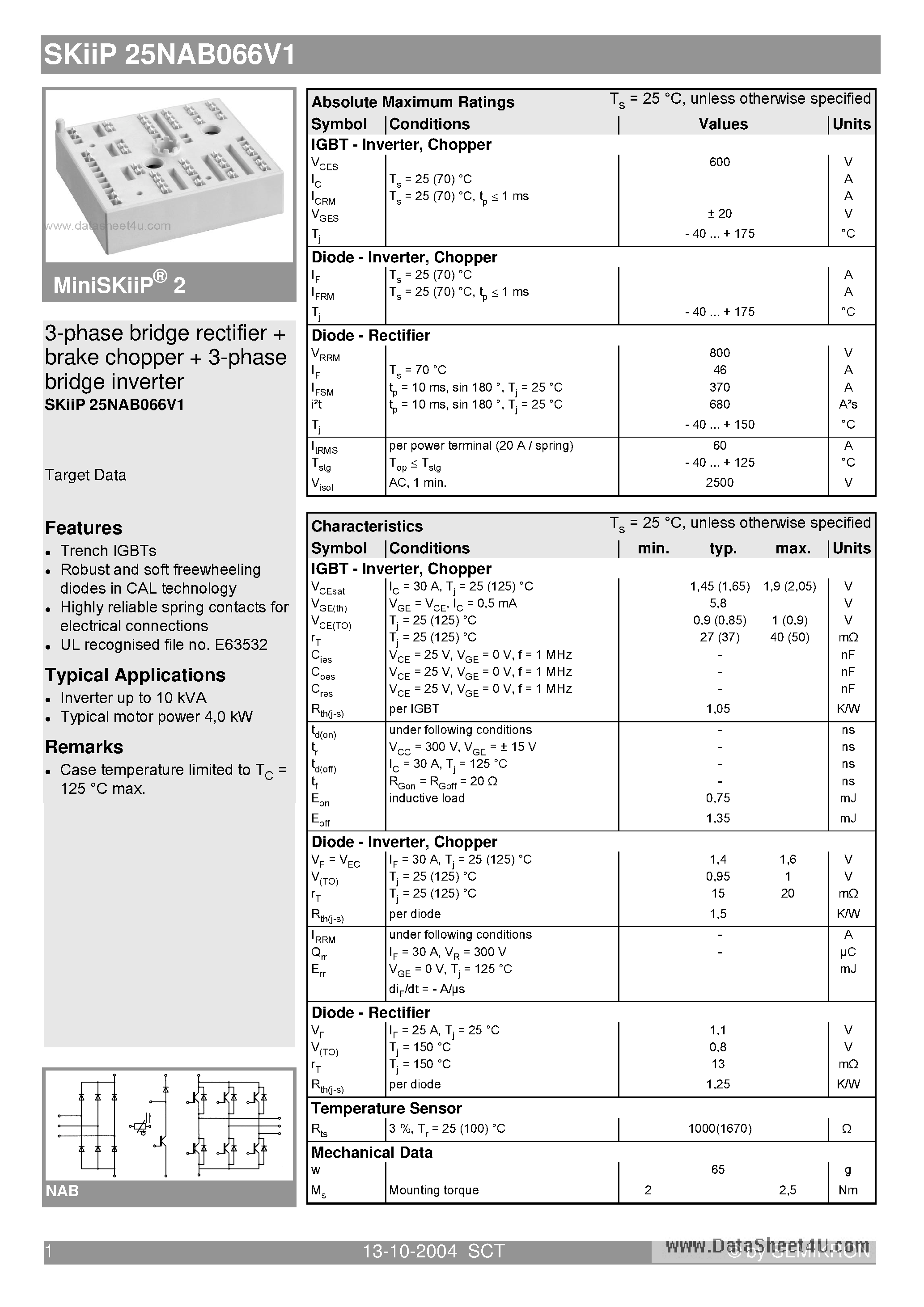 Datasheet SKIIP25NAB066V1 - 3-phase bridge rectifier brake chopper 3-phase bridge inverter page 1