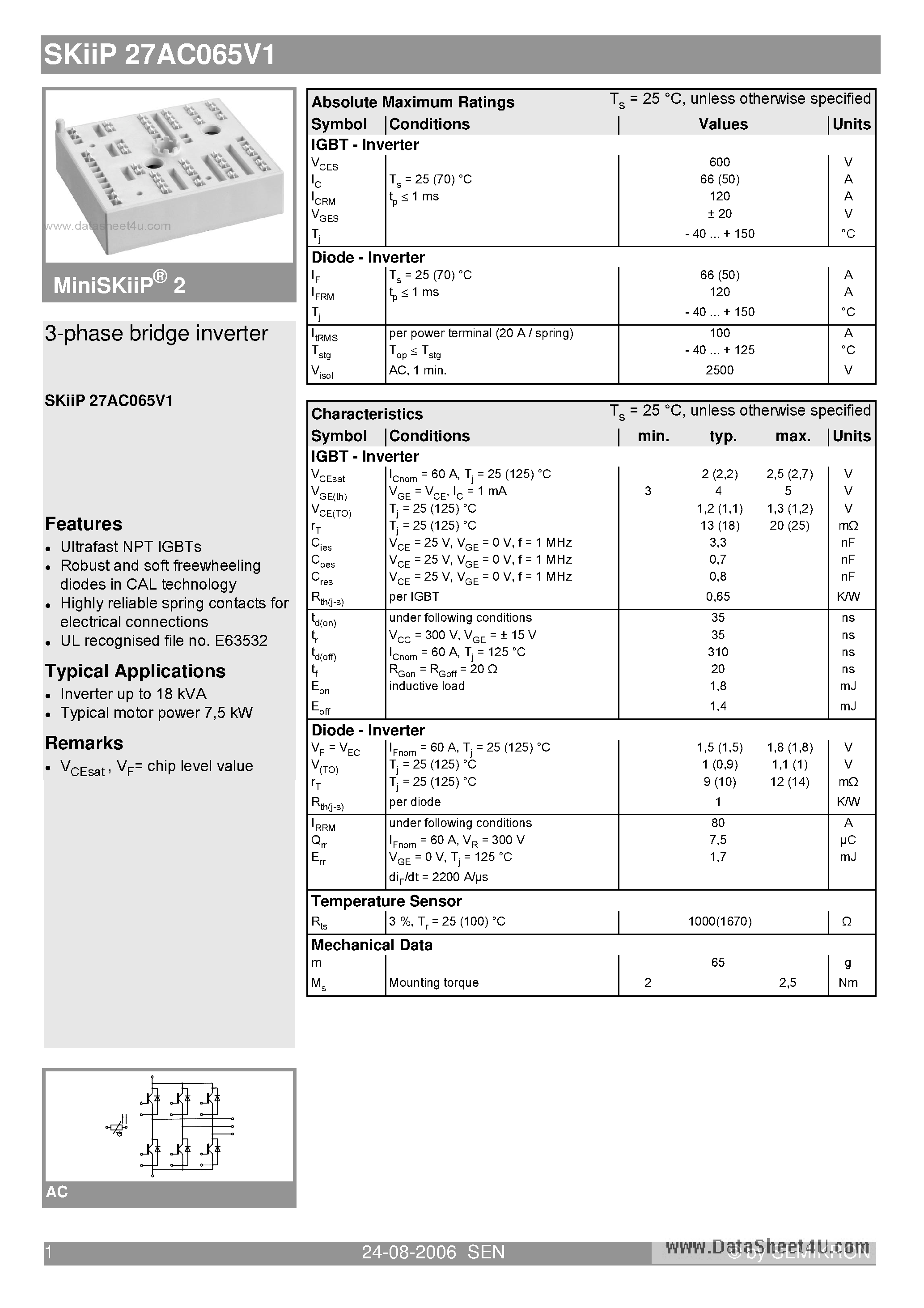 Даташит на микросхему SKIIP27AC065V1 страница 1 Даташит SKIIP27AC065V1 - 3-phase bridge inverter страница 1