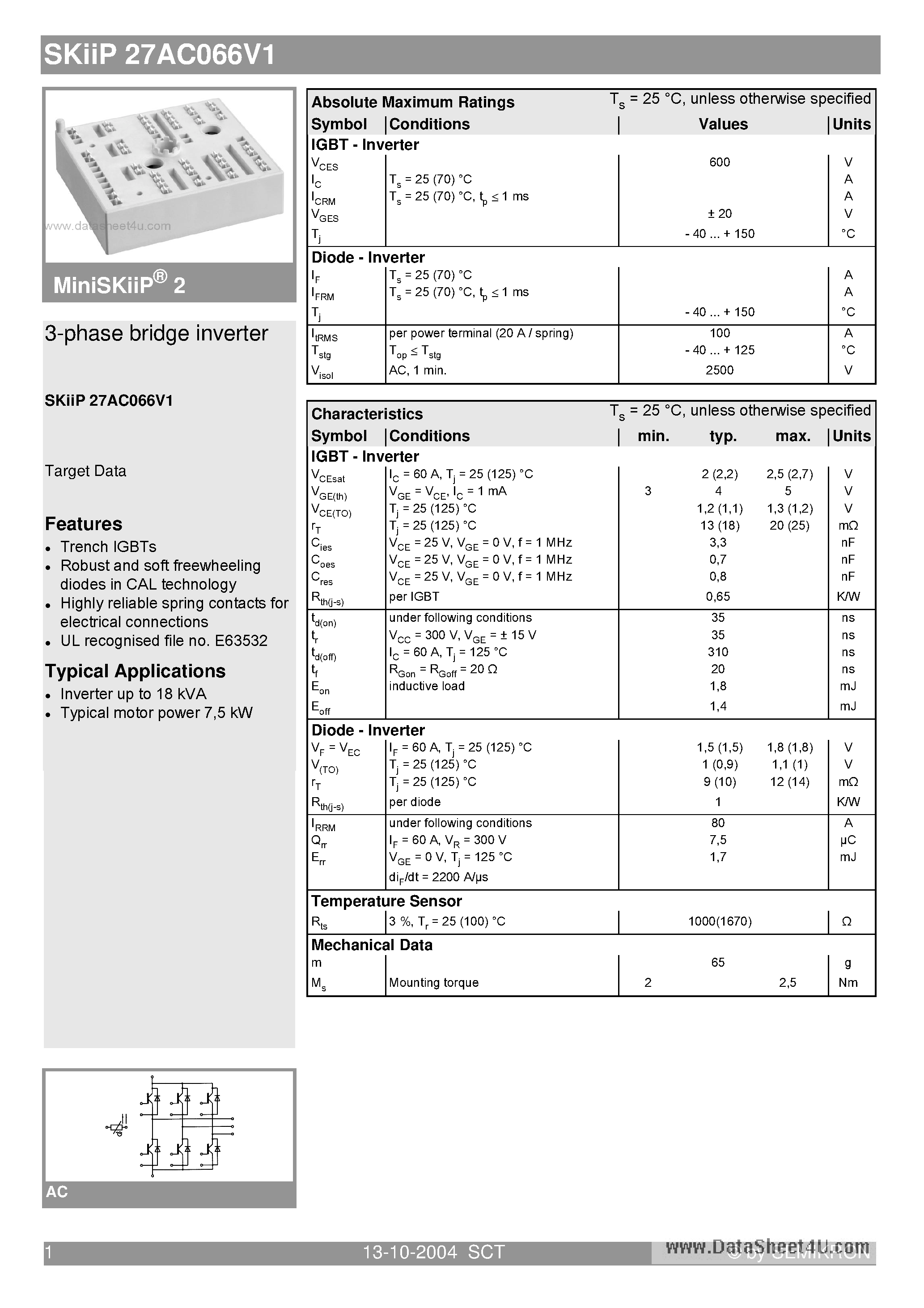 Datasheet SKIIP27AC066V1 page 1 Datasheet SKIIP27AC066V1 - 3-phase bridge inverter page 1