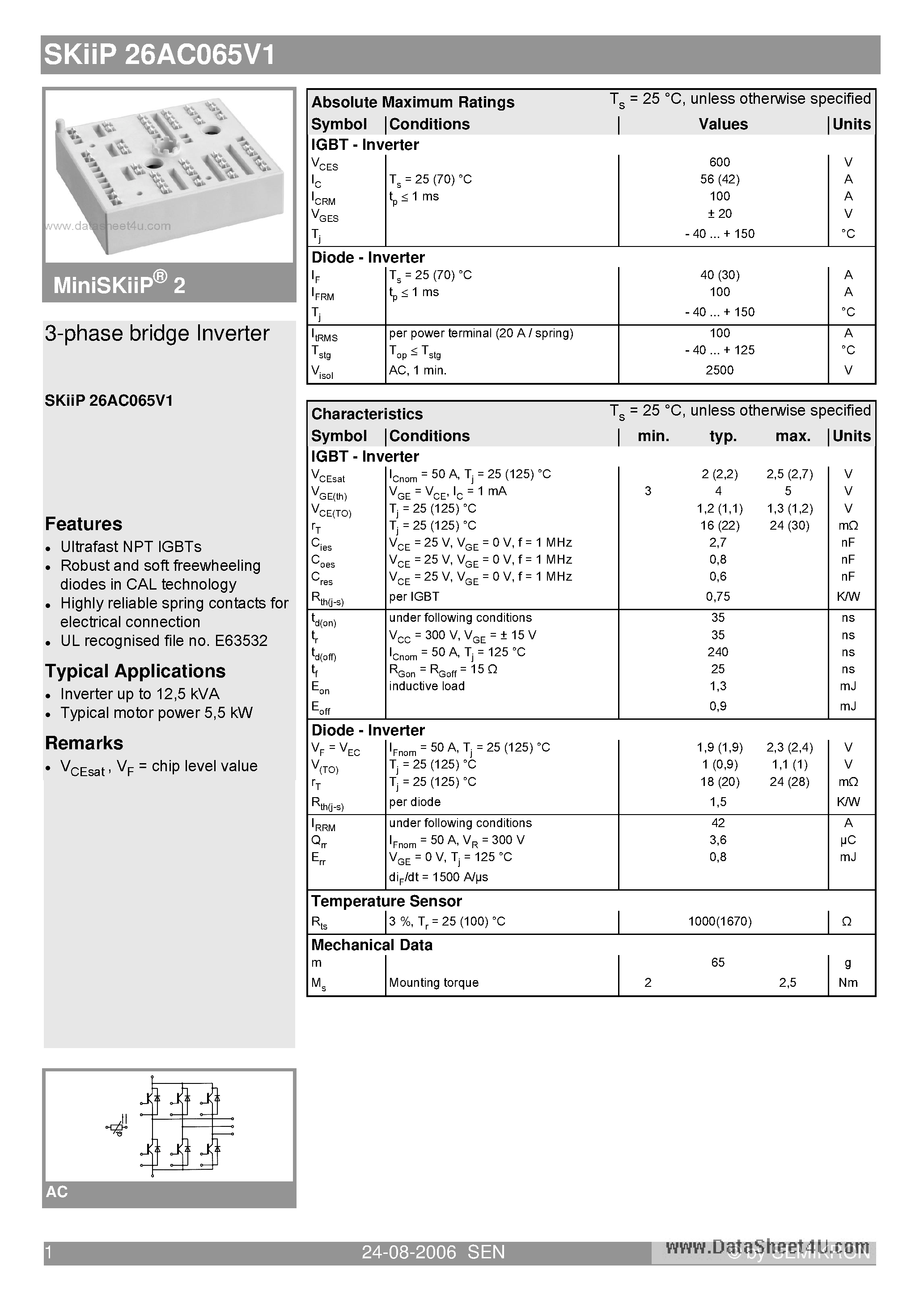 Datasheet SKIIP26AC065V1 - 3-phase bridge Inverter page 1