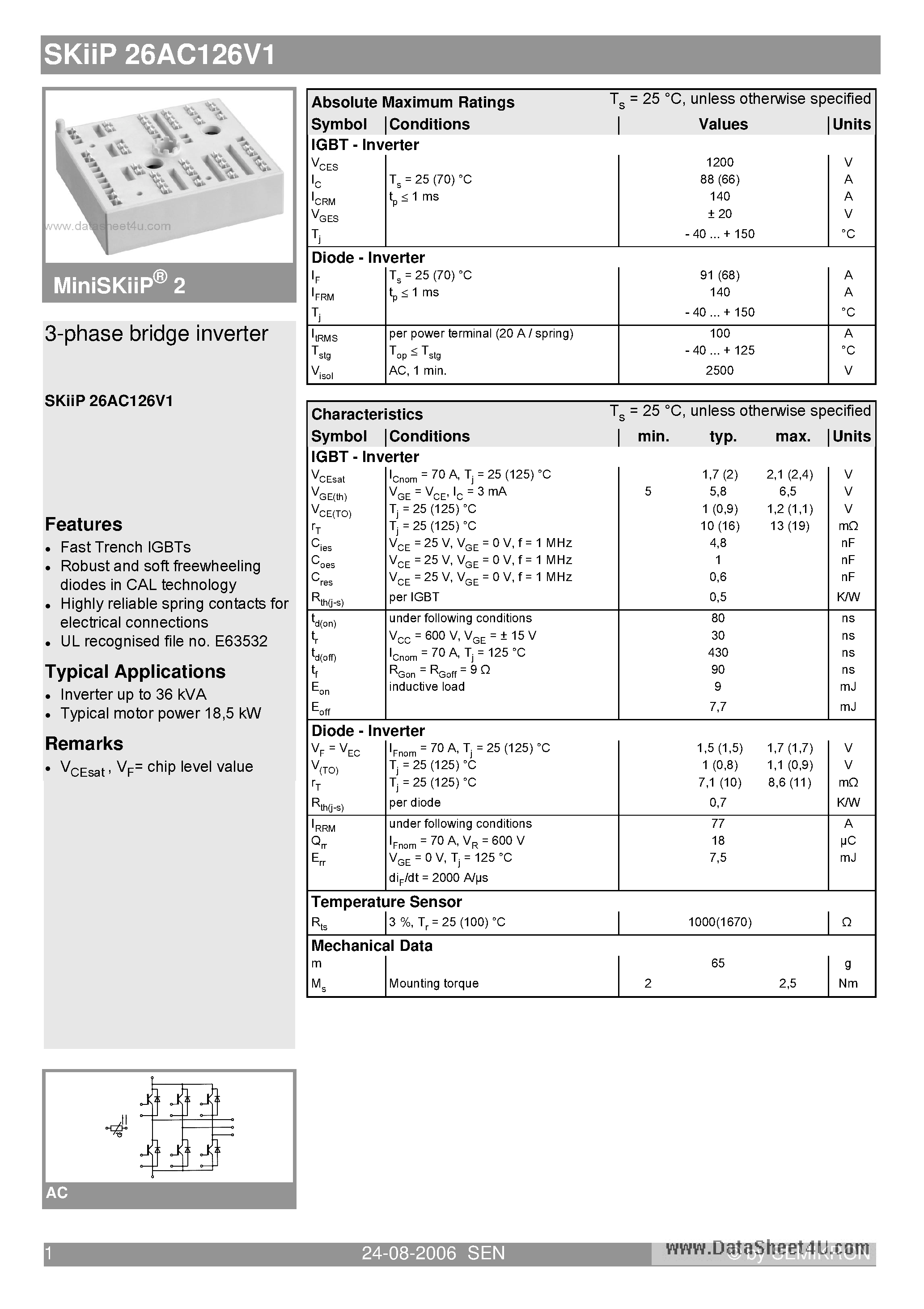 Datasheet SKIIP26AC126V1 - 3-phase bridge inverter page 1