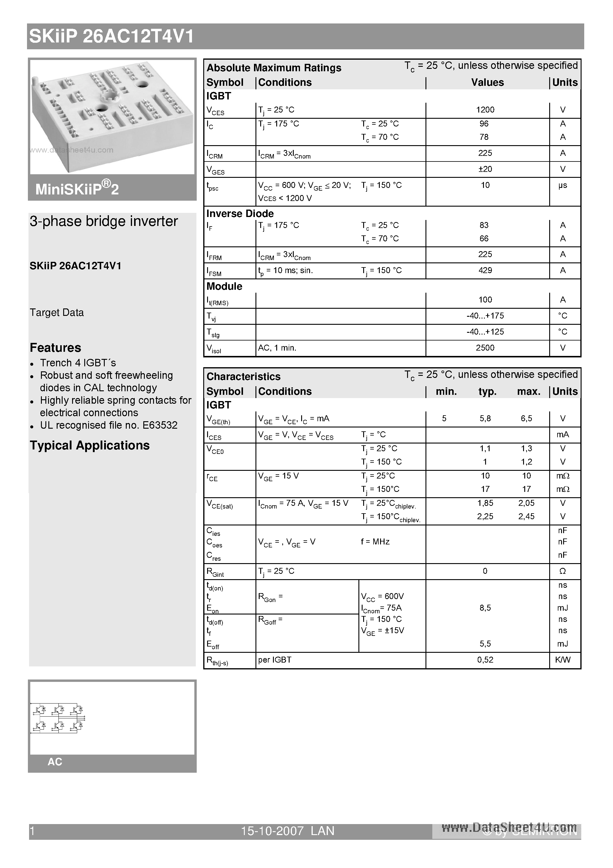 Datasheet SKIIP26AC12T4V1 - 3-phase bridge inverter page 1