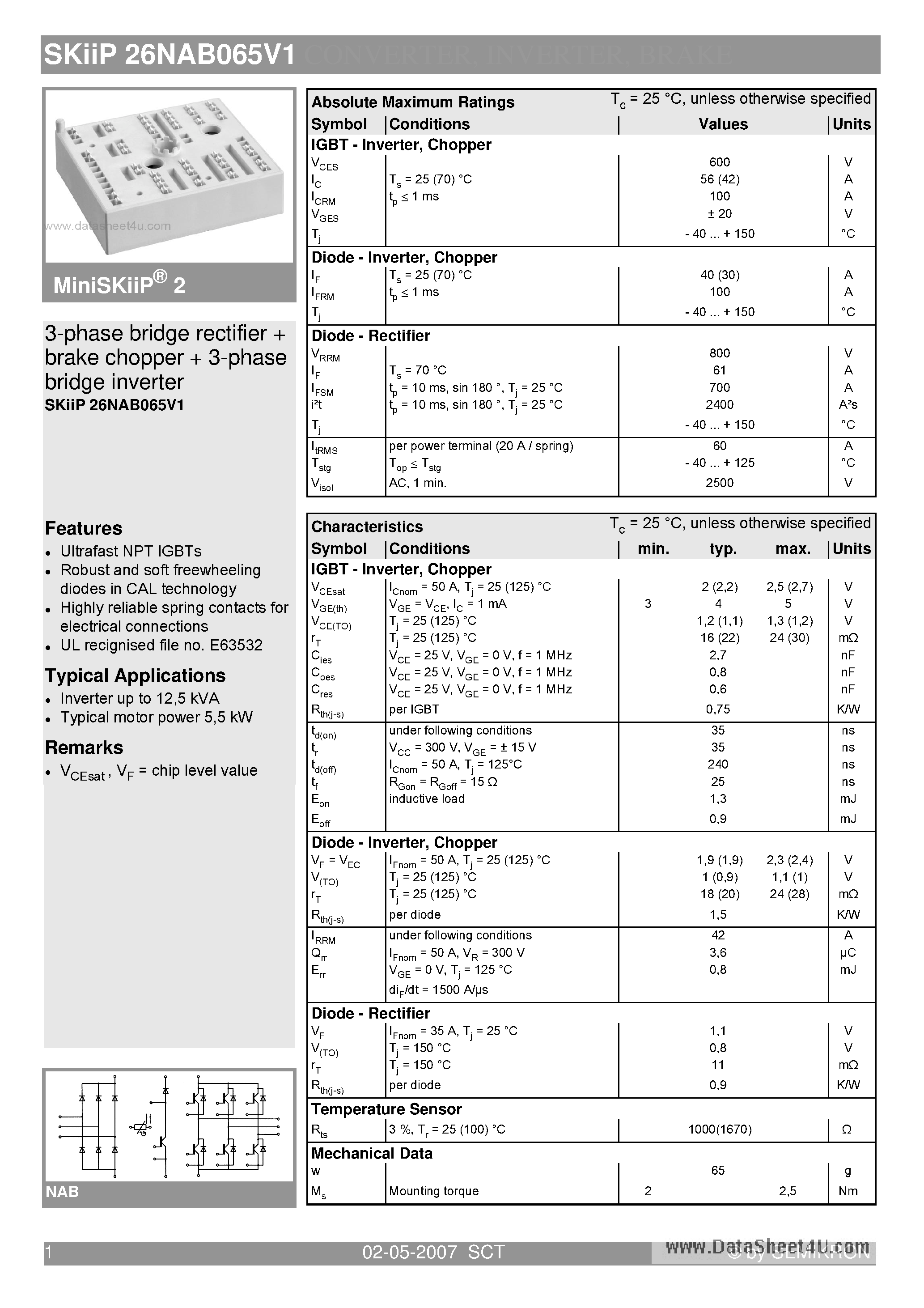 Datasheet SKIIP26NAB065V1 - 3-phase bridge rectifier brake chopper 3-phase bridge inverter page 1