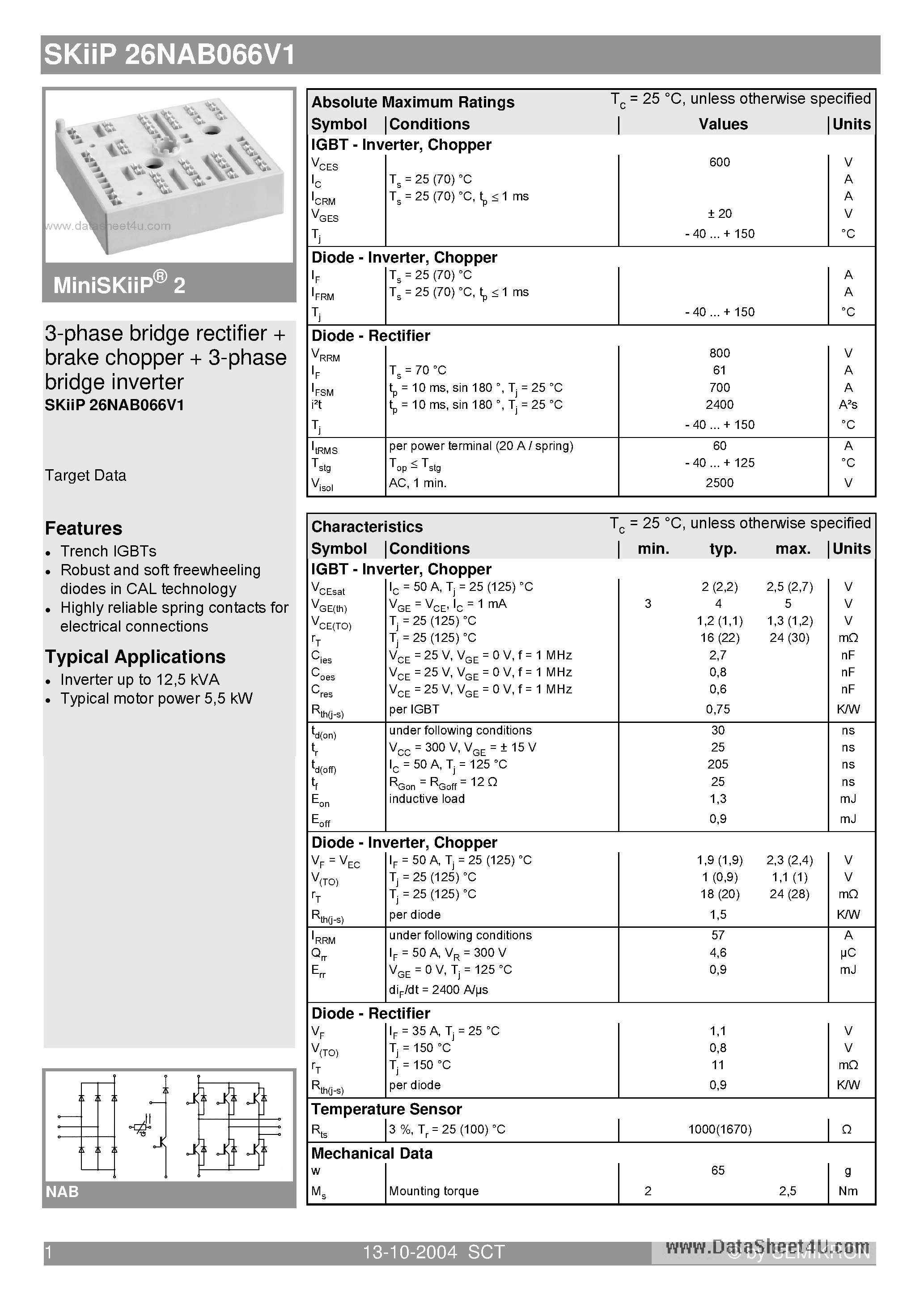 Datasheet SKIIP26NAB066V1 - 3-phase bridge rectifier brake chopper 3-phase bridge inverter page 1