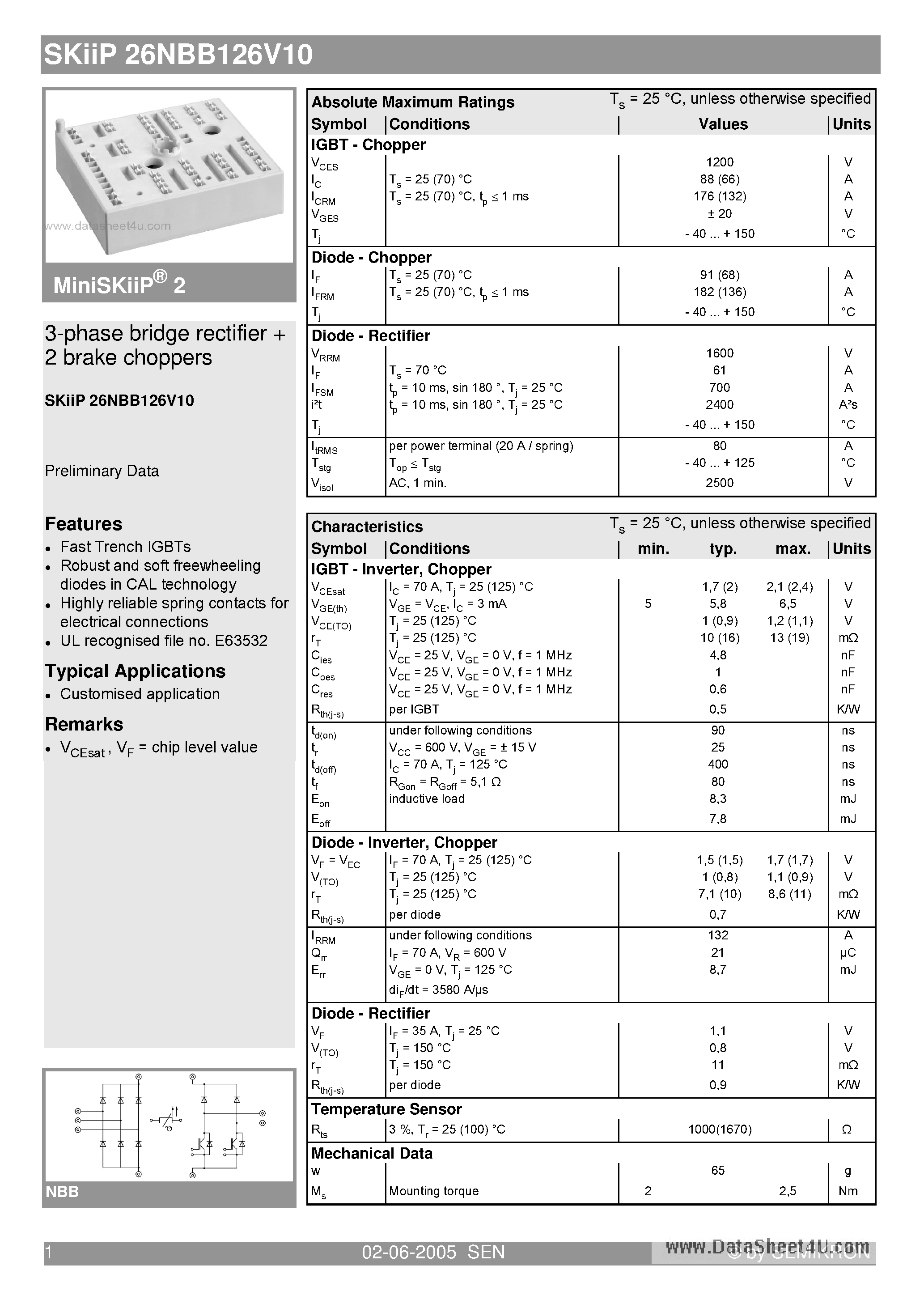 Datasheet SKIIP26NBB126V10 - 3-phase bridge rectifier 2 brake choppers page 1