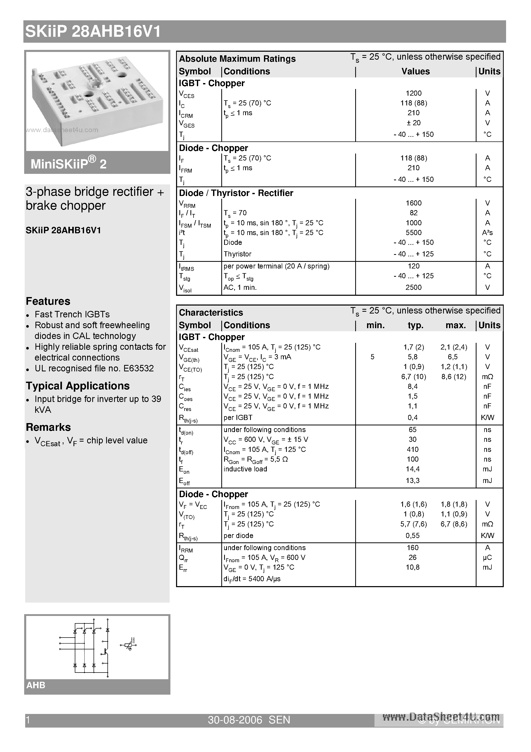 Datasheet SKIIP28AHB16V1 - 3-phase bridge rectifier brake chopper page 1