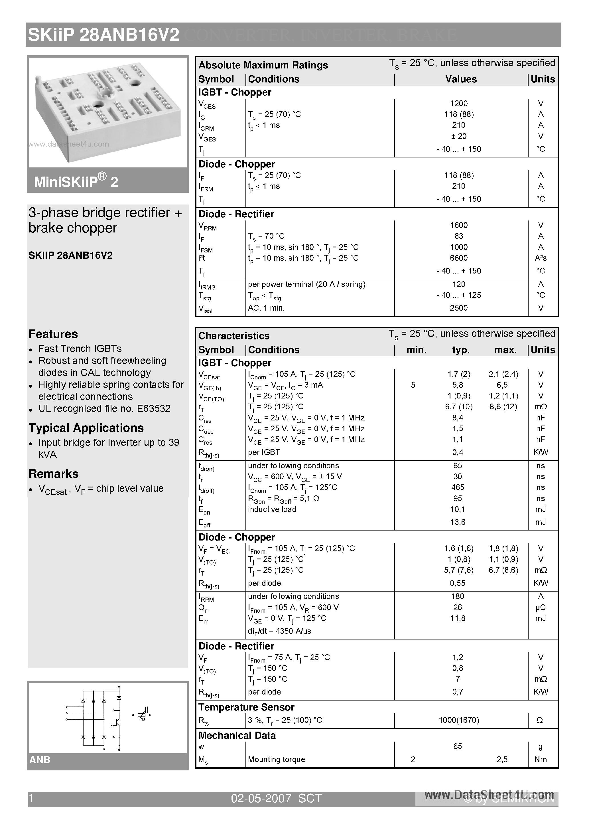 Datasheet SKIIP28ANB16V2 - 3-phase bridge rectifier brake chopper page 1