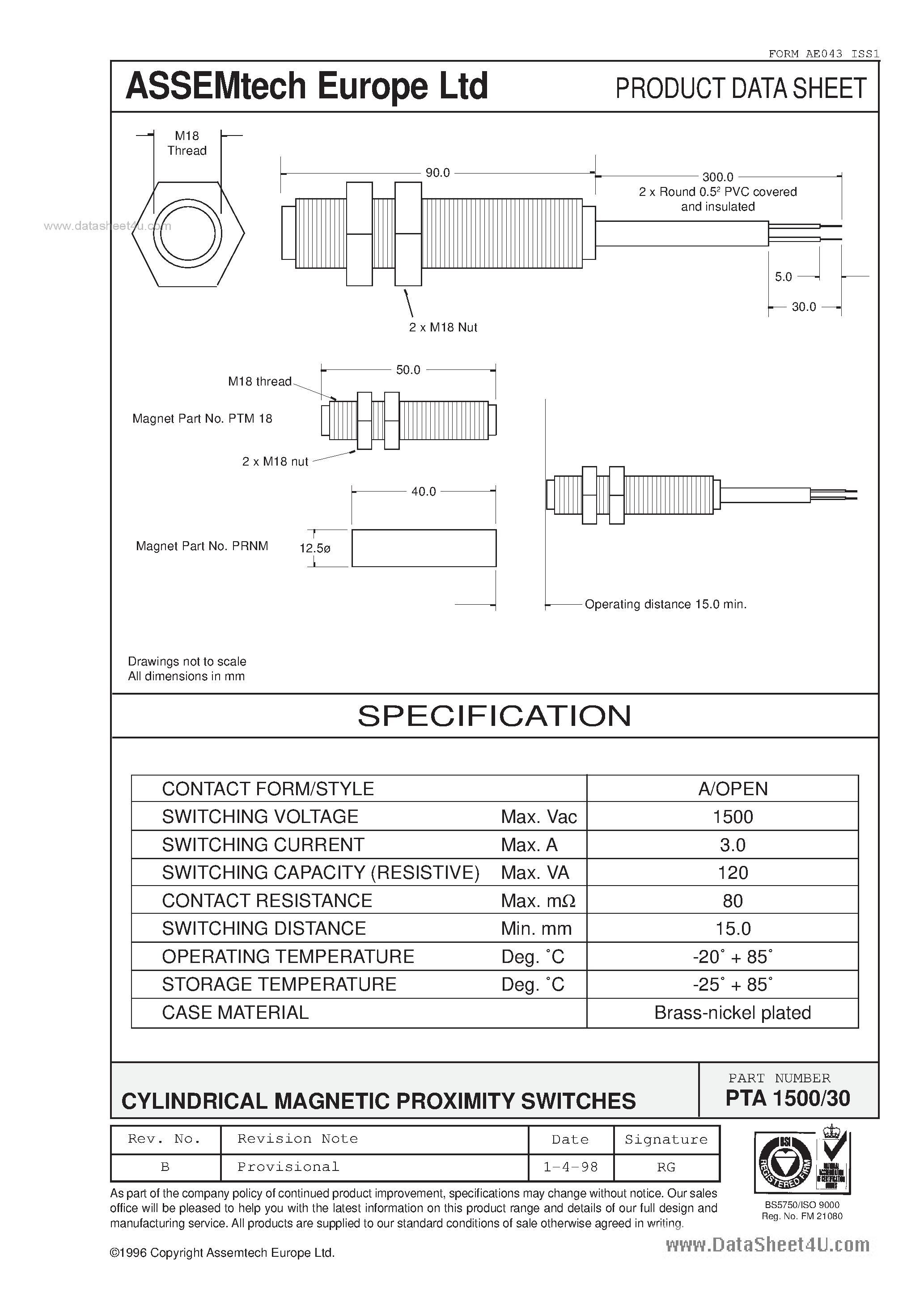 Datasheet PTA1500/30 page 1 Datasheet PTA1500/30 - Proximity Switch Magnetic page 1
