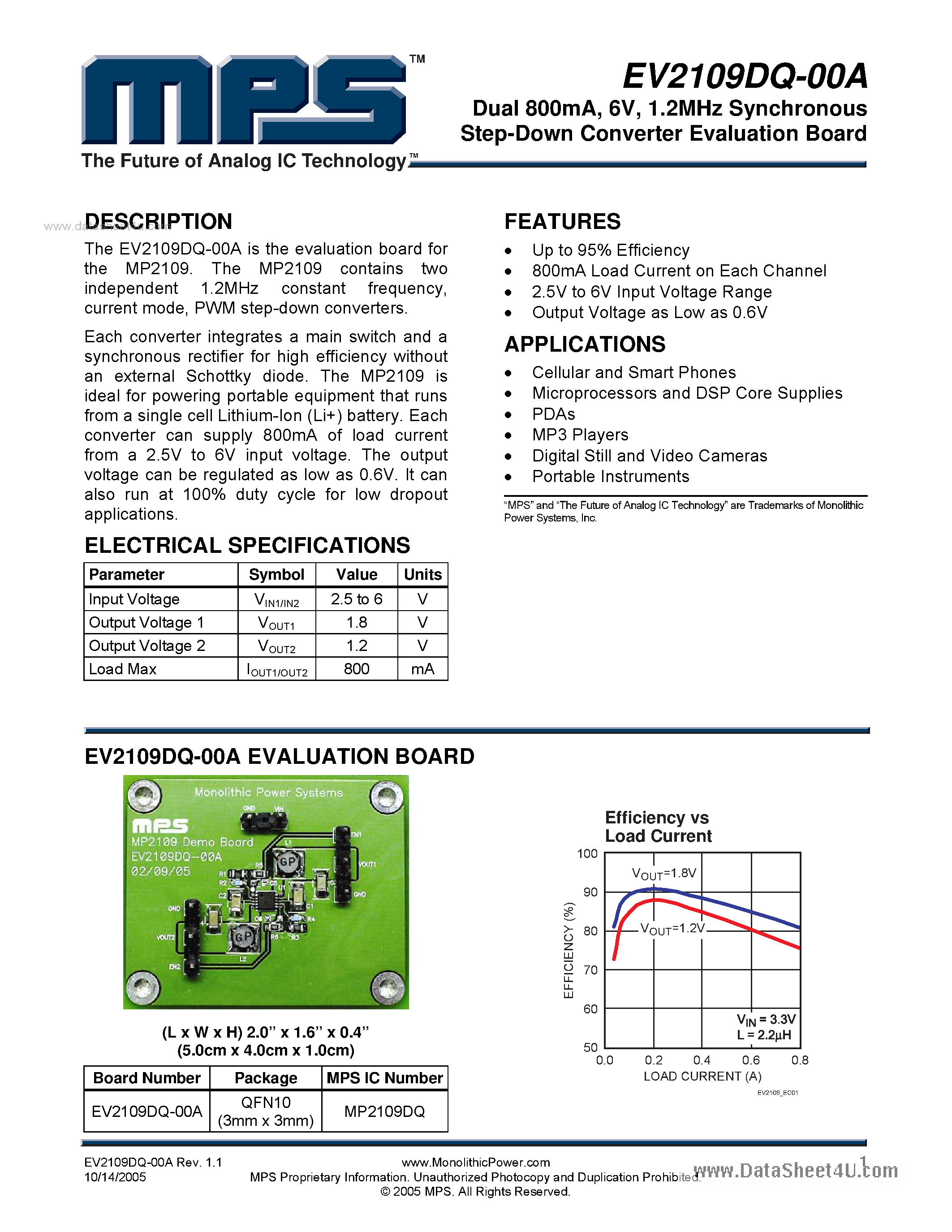 Datasheet MP2109DQ-00A - 1.2MHz Synchronous Step-Down Converter Evaluation Board page 1