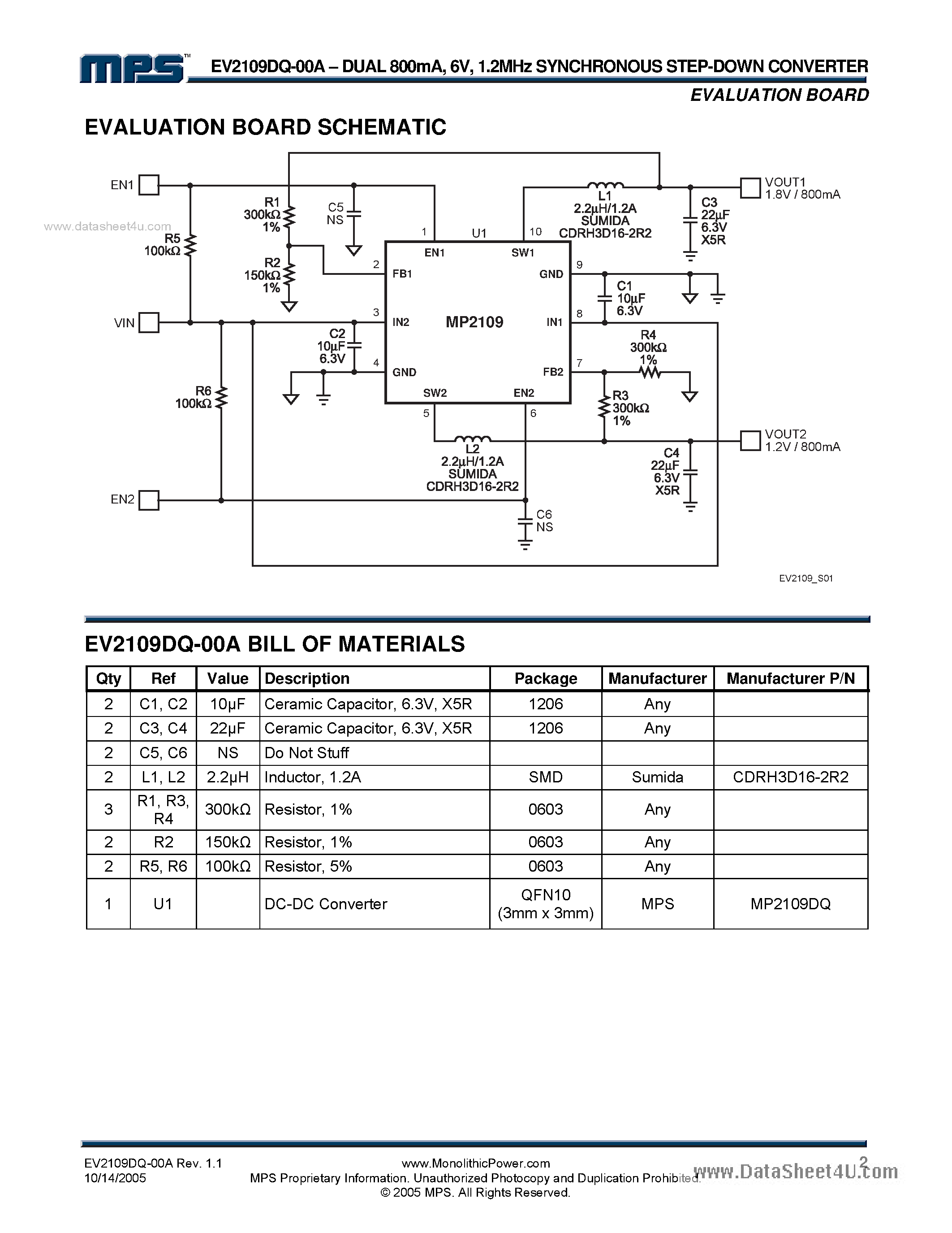 Datasheet MP2109DQ-00A - 1.2MHz Synchronous Step-Down Converter Evaluation Board page 2