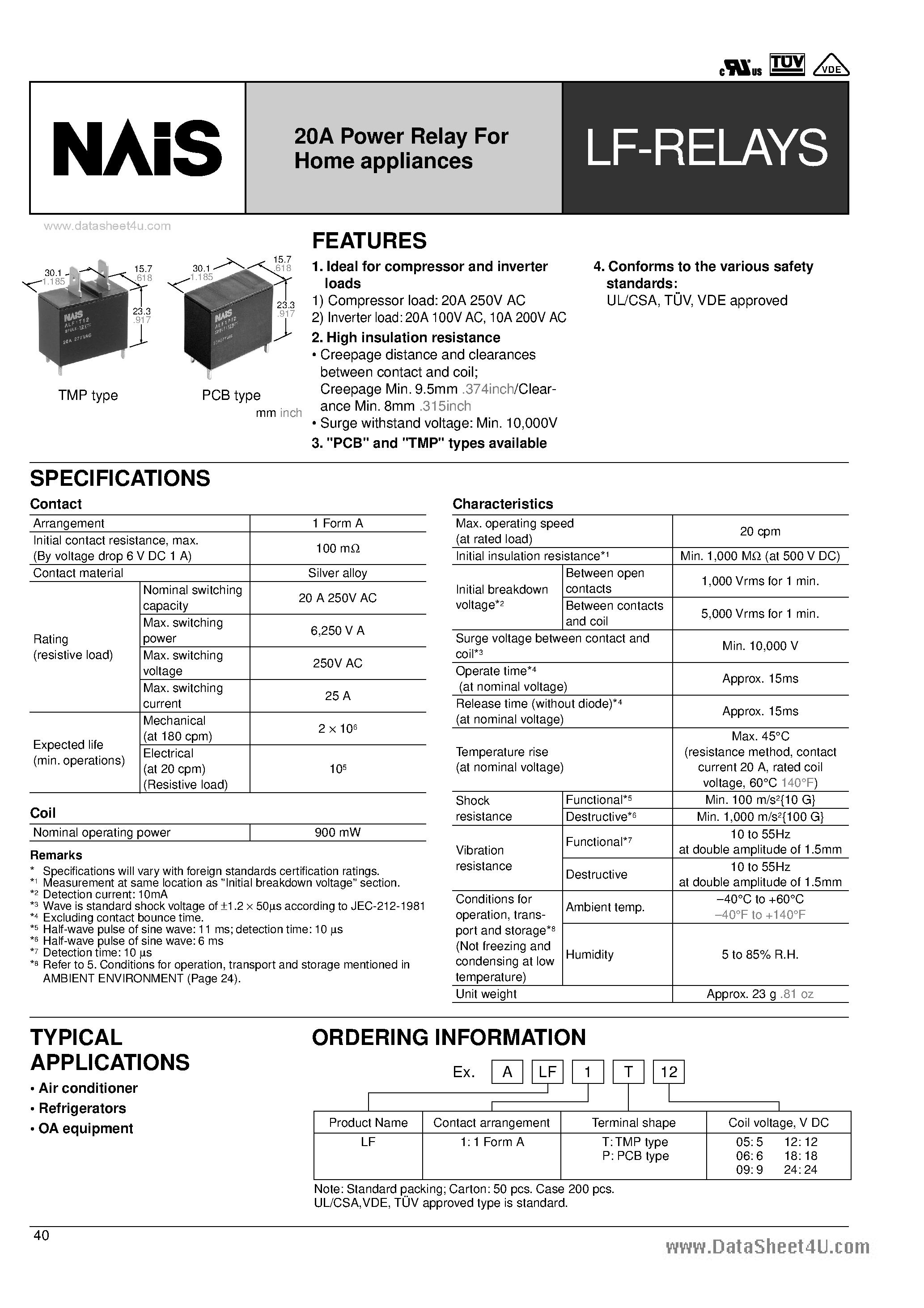 Даташит ALF1P05 - (ALF1xxx) 20A Power Relay страница 1