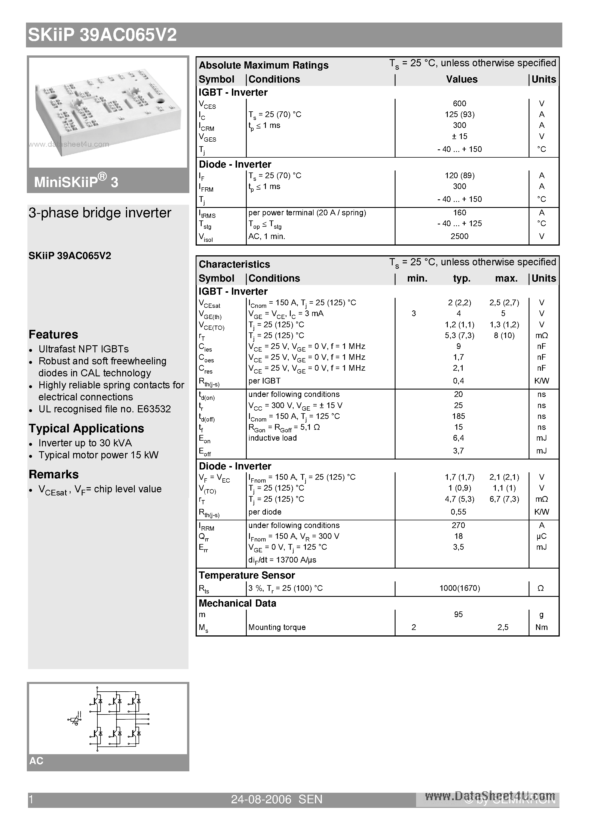 Datasheet SKIIP39AC065V2 - 3-phase bridge inverter page 1