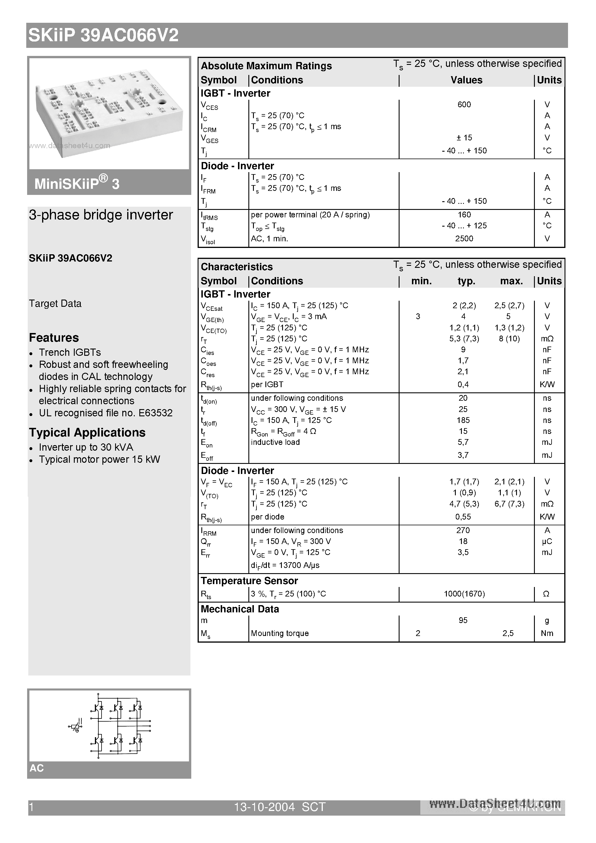 Datasheet SKIIP39AC066V2 - 3-phase bridge inverter page 1