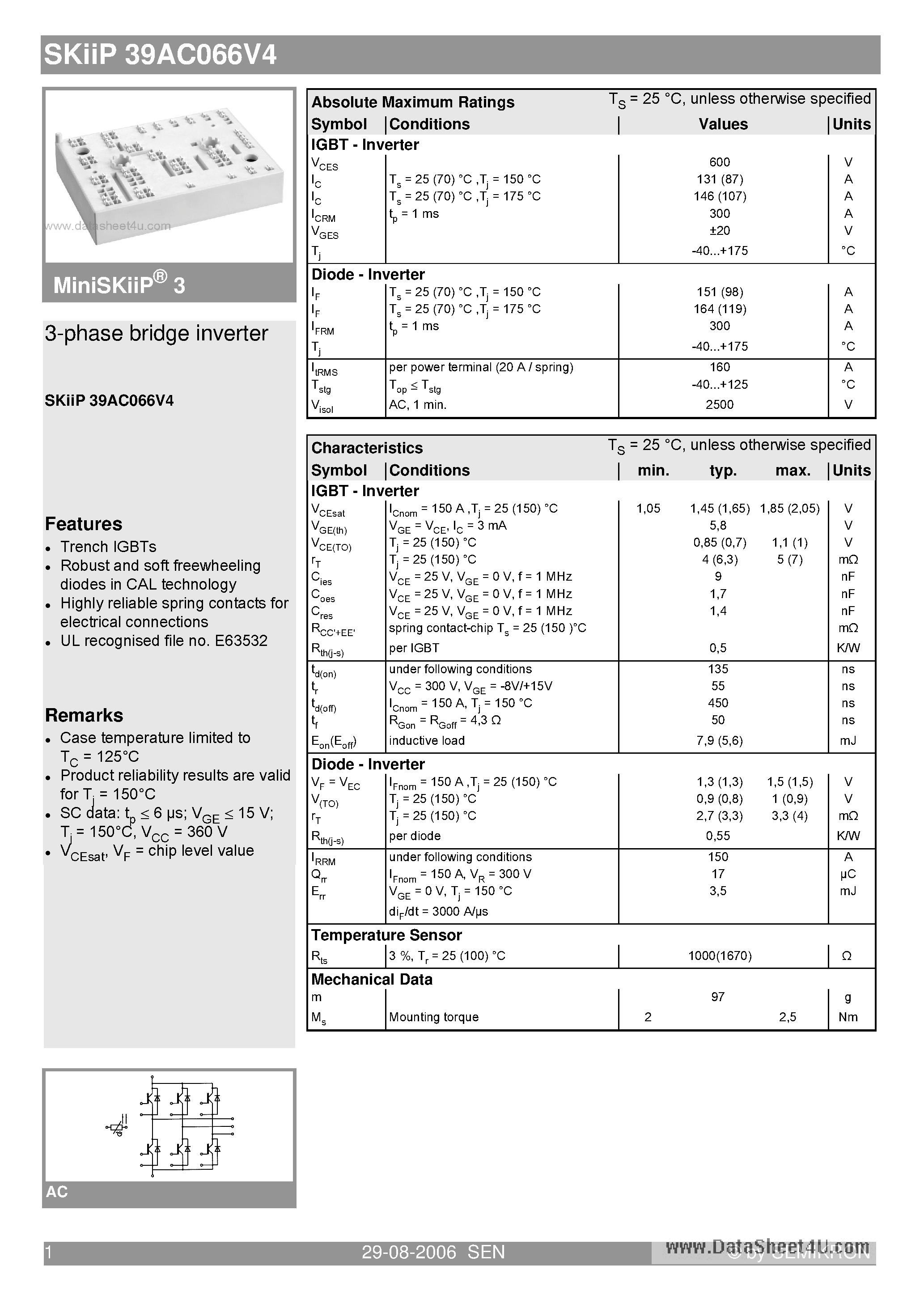 Datasheet SKIIP39AC066V4 - 3-phase bridge inverter page 1