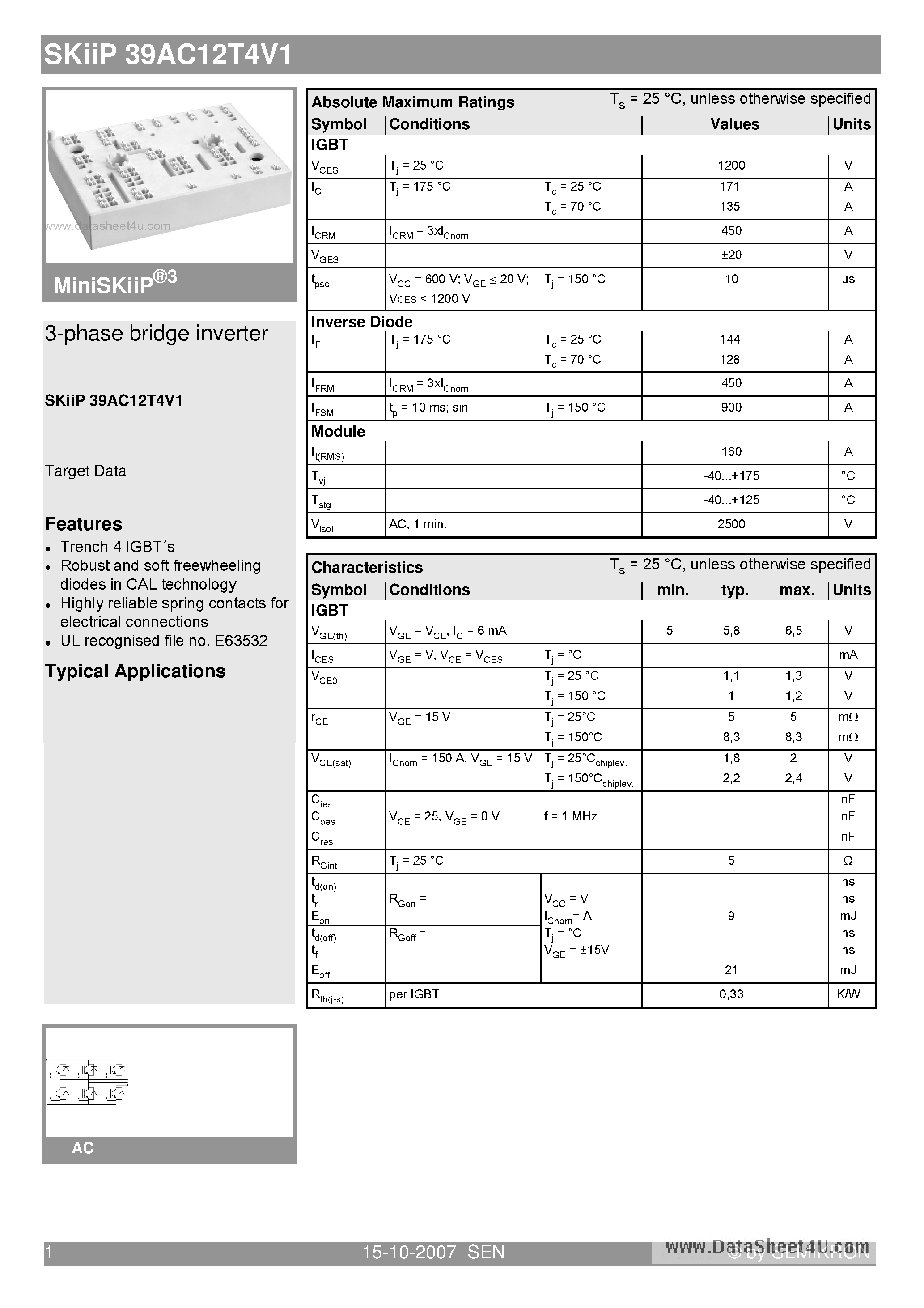 Datasheet SKIIP39AC12T4V1 - 3-phase bridge inverter page 1