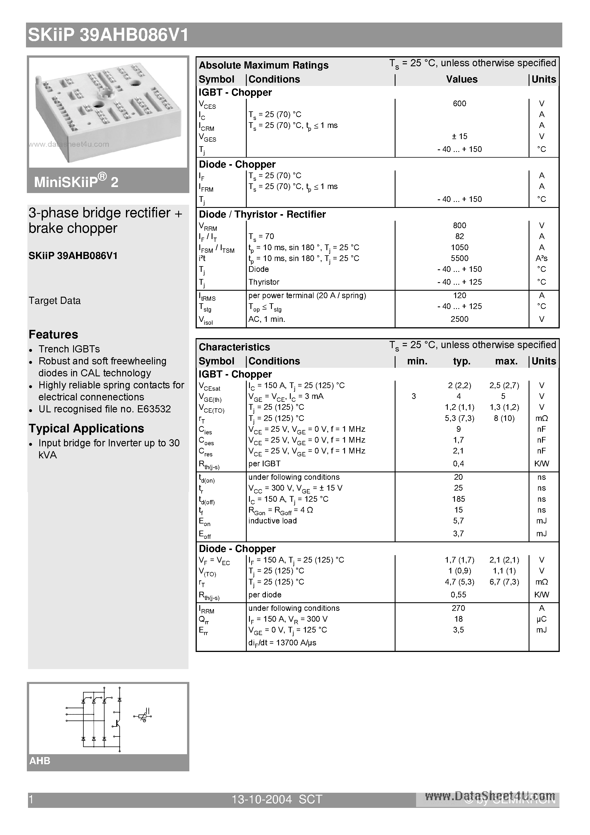 Datasheet SKIIP39AHB086V1 - 3-phase bridge rectifier brake chopper page 1
