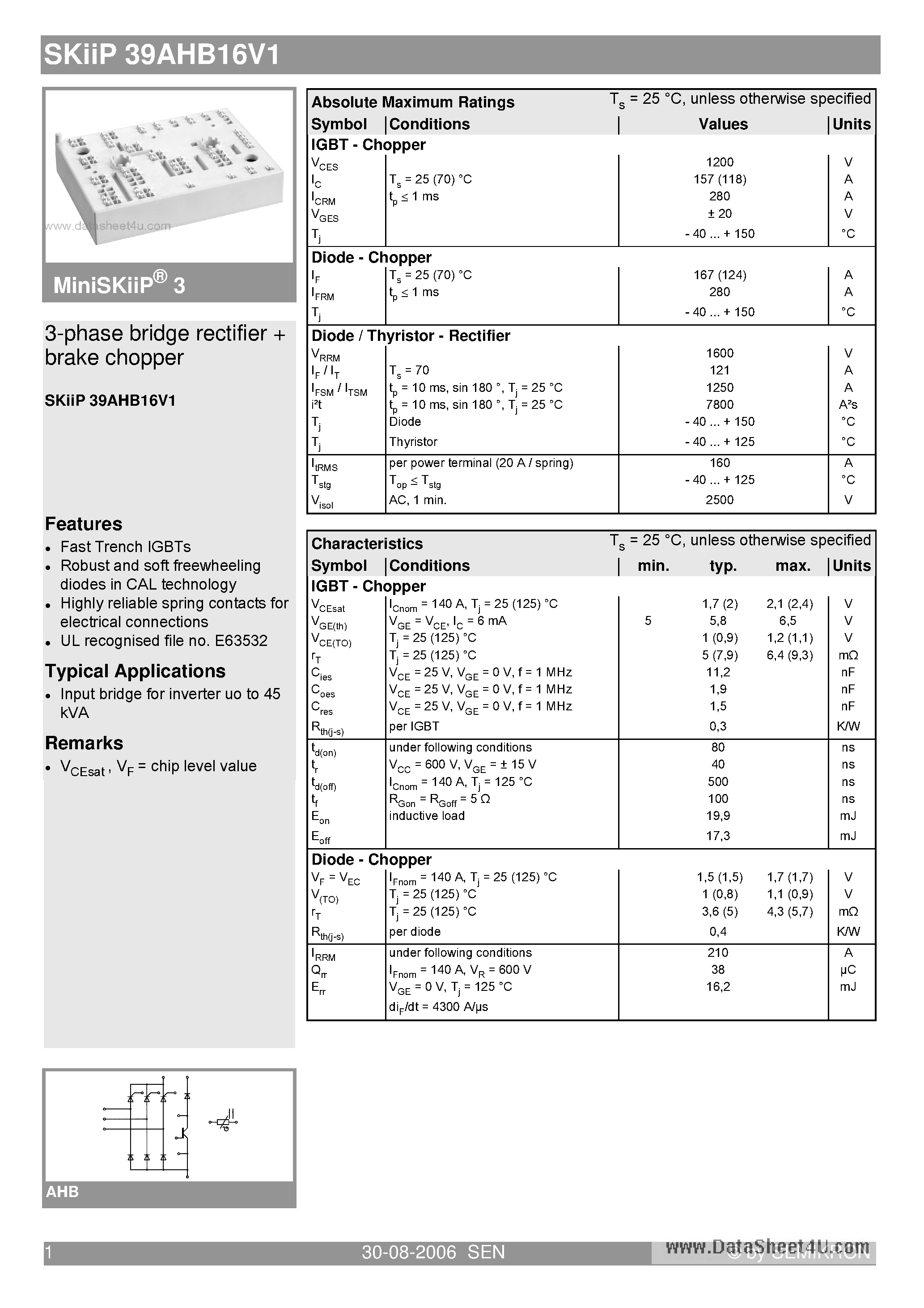 Datasheet SKIIP39AHB16V1 - 3-phase bridge rectifier brake chopper page 1