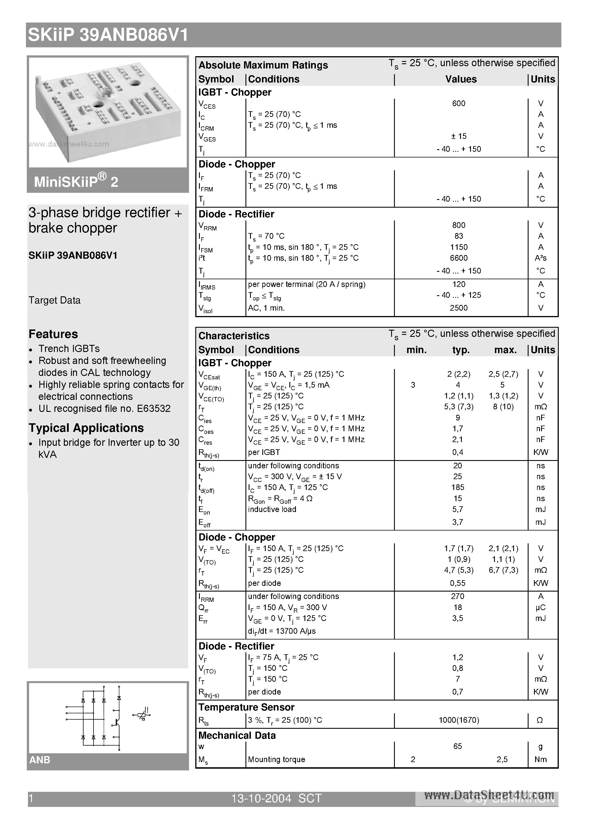 Datasheet SKIIP39ANB086V1 - 3-phase bridge rectifier brake chopper page 1