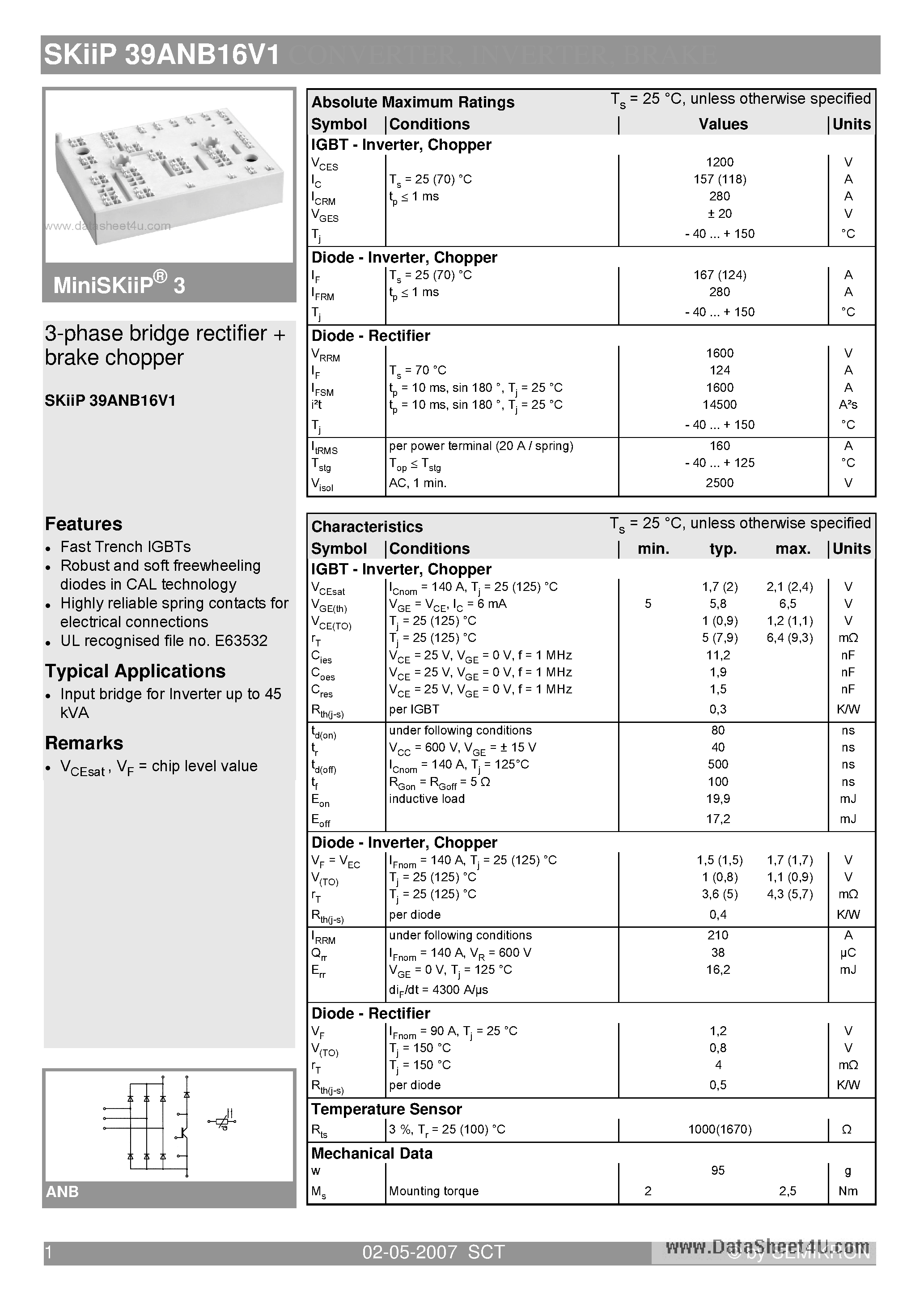 Datasheet SKIIP39ANB16V1 - 3-phase bridge rectifier brake chopper page 1