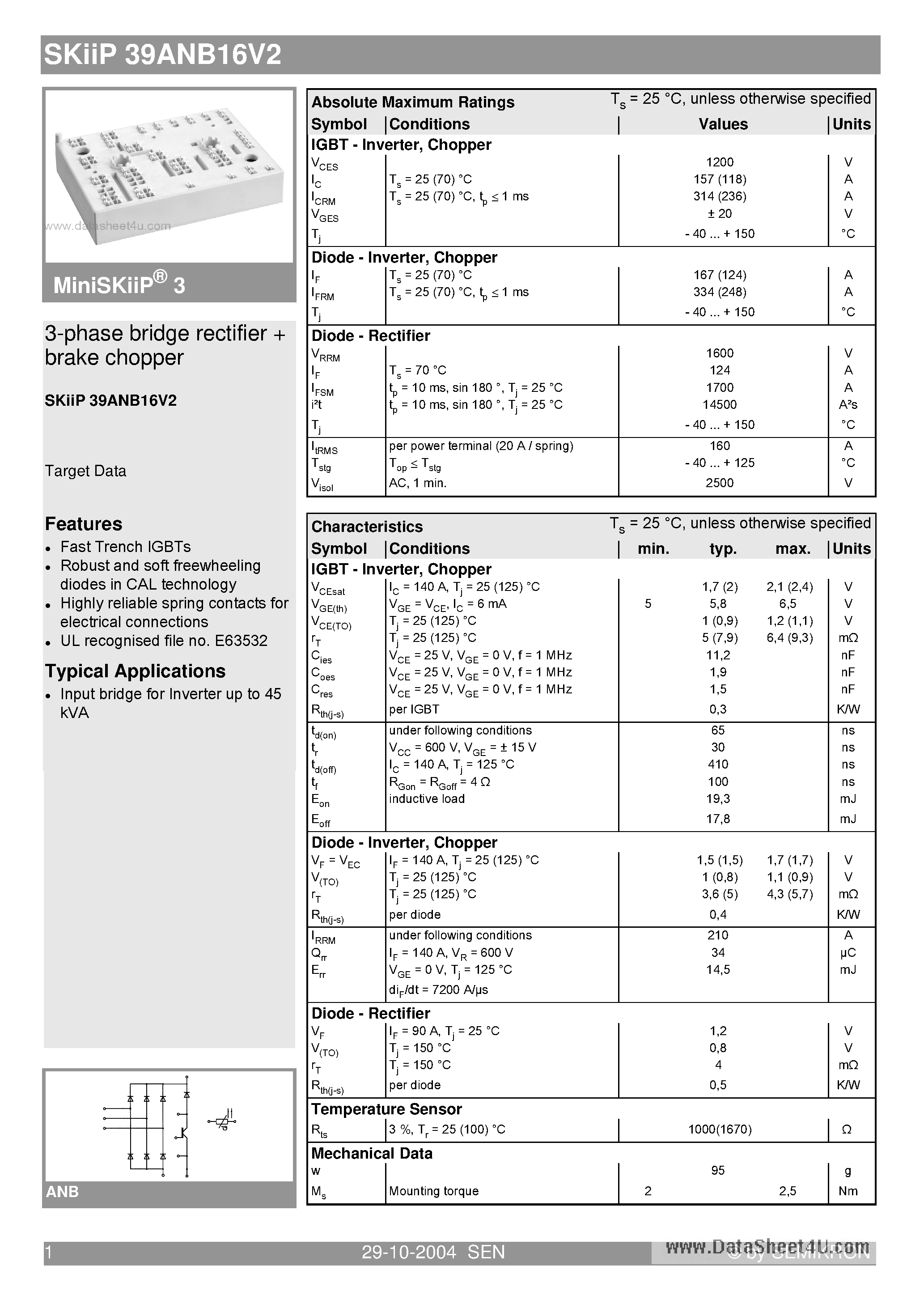 Datasheet SKIIP39ANB16V2 - 3-phase bridge rectifier brake chopper page 1