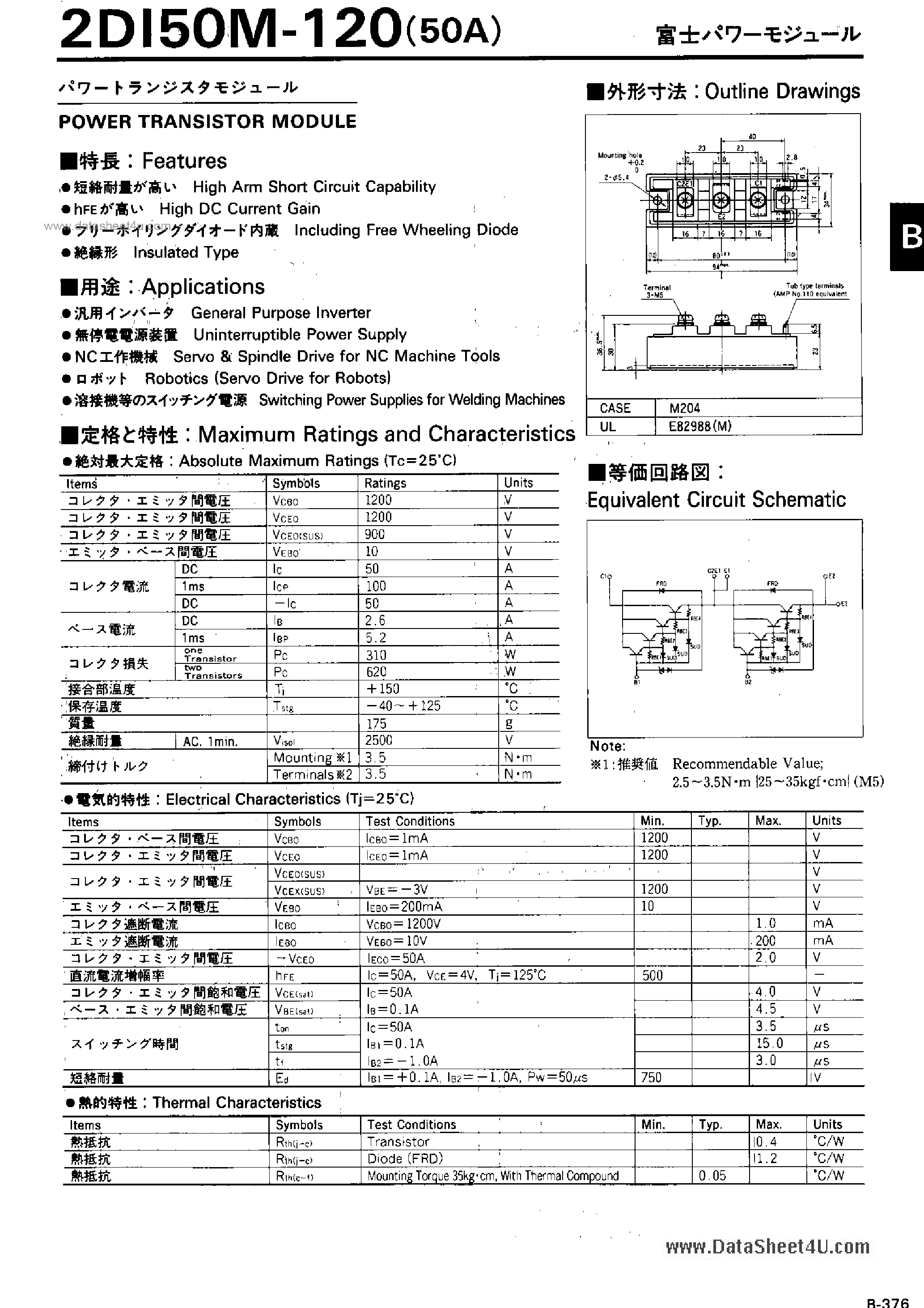 Datasheet 2DI50M-120 page 1 Datasheet 2DI50M-120 - POWER TRANSISTOR MODULE page 1