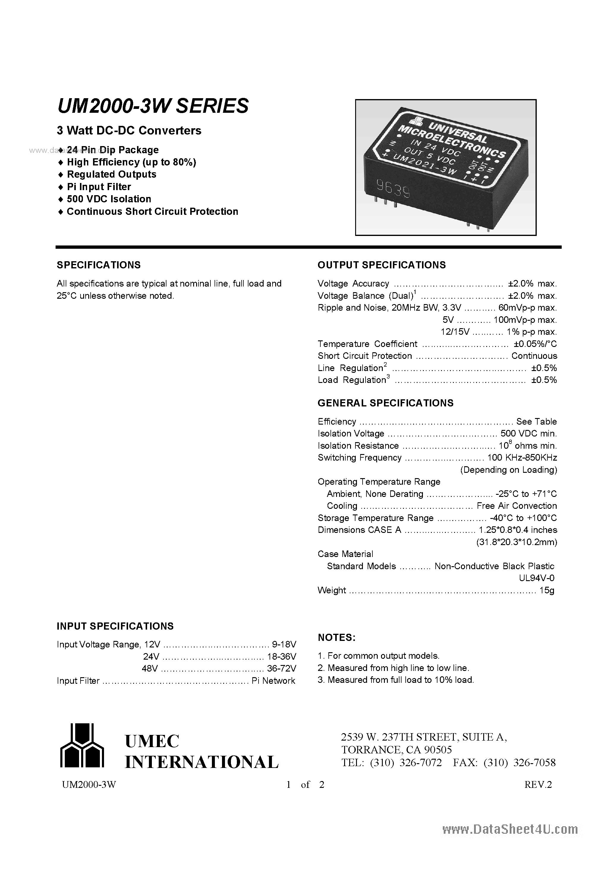 Datasheet UM2011-3W - 3 Watt DC-DC Converter page 1