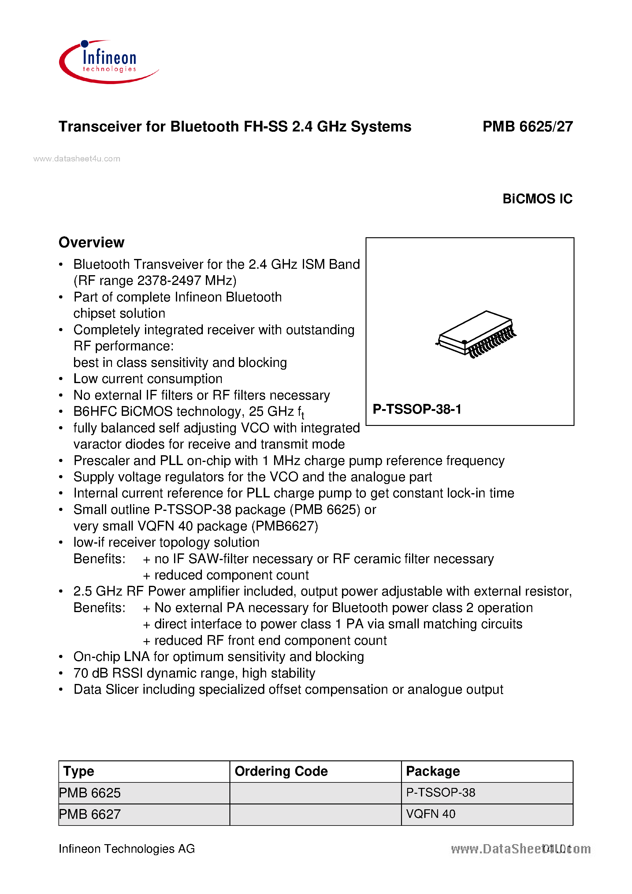 Datasheet PMB6625 - (PMB6625 / PMB6627) Transceiver for Bluetooth FH-SS 2.4 GHz Systems page 1