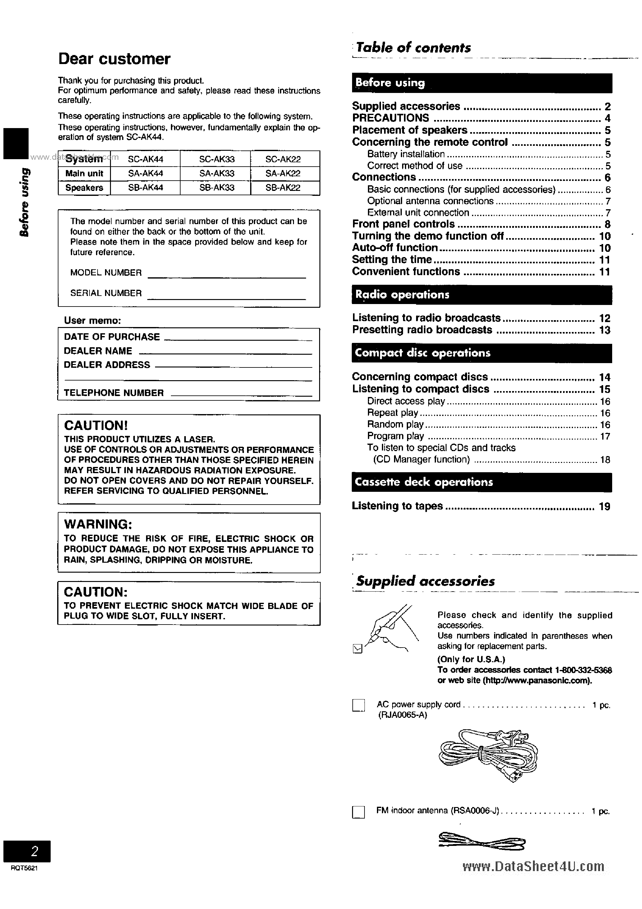 Даташит SC-AK22 - (SC-AKxx) CD Stereo System страница 2
