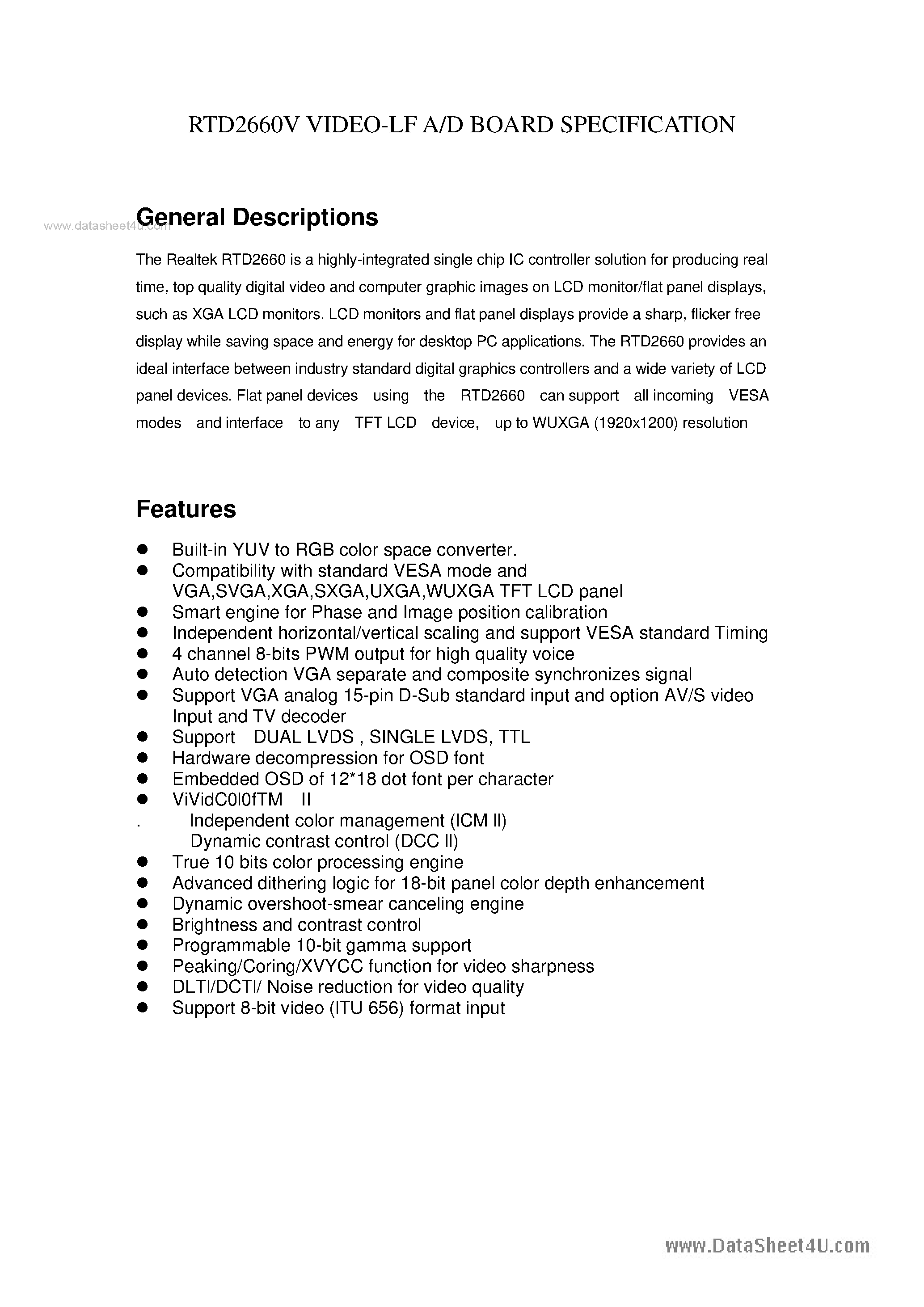 Datasheet RTD2660V - Video-LF A/D Board page 1
