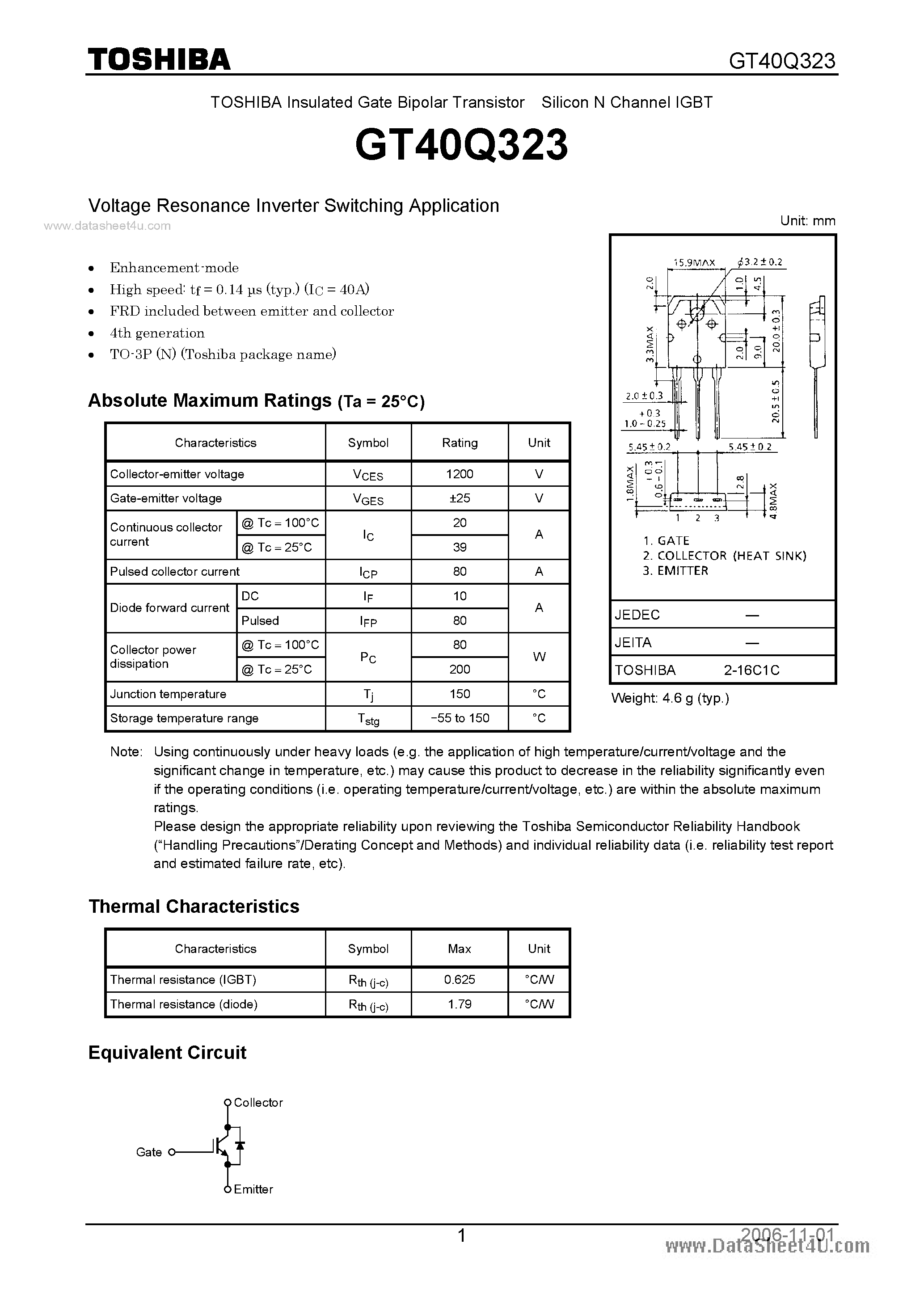 Datasheet GT40Q323 - Silicon N Channel IGBT / Voltage Resonance Inverter Switching Application page 1