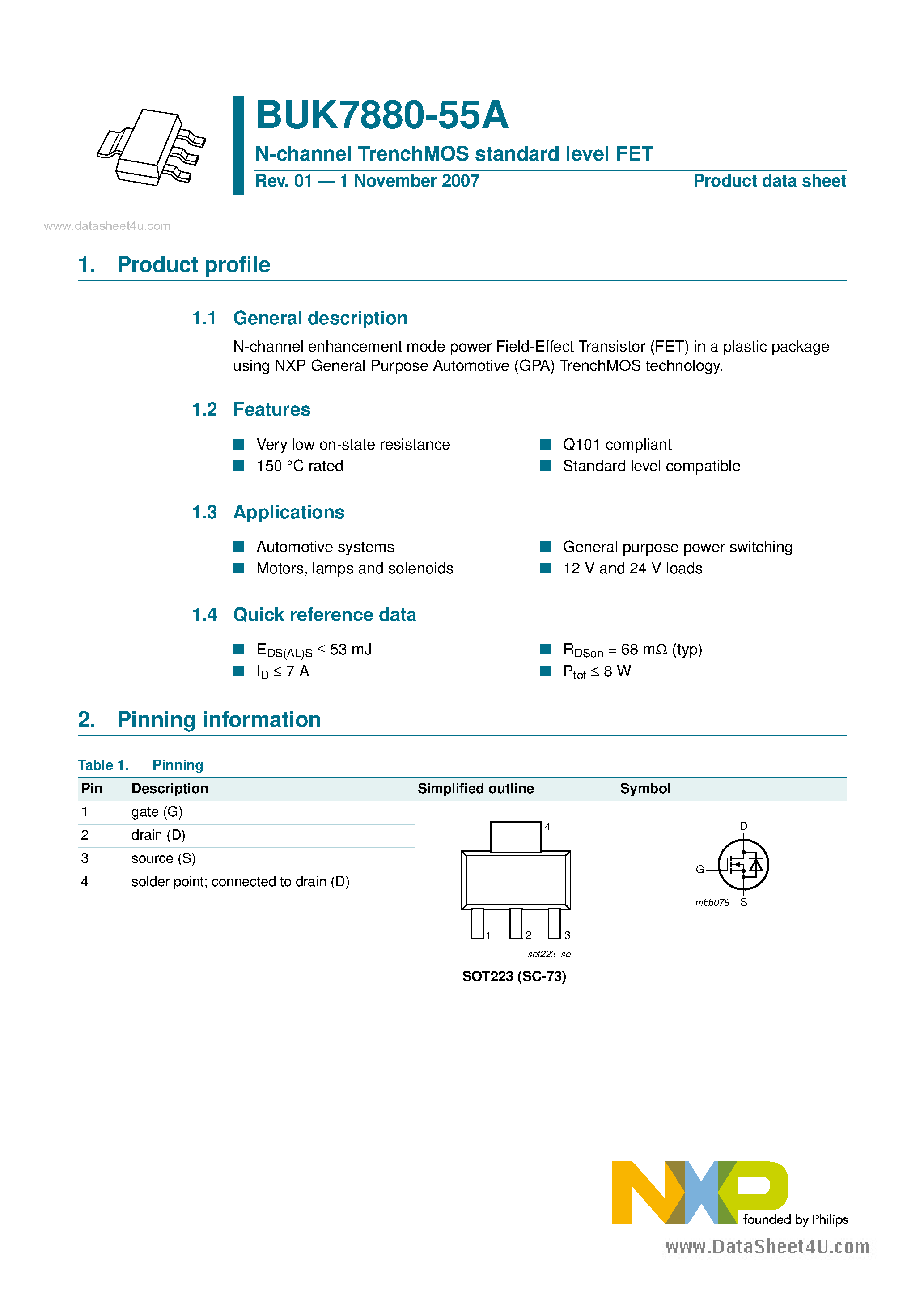 Datasheet BUK7880-55A - N-channel TrenchMOS standard level FET page 1
