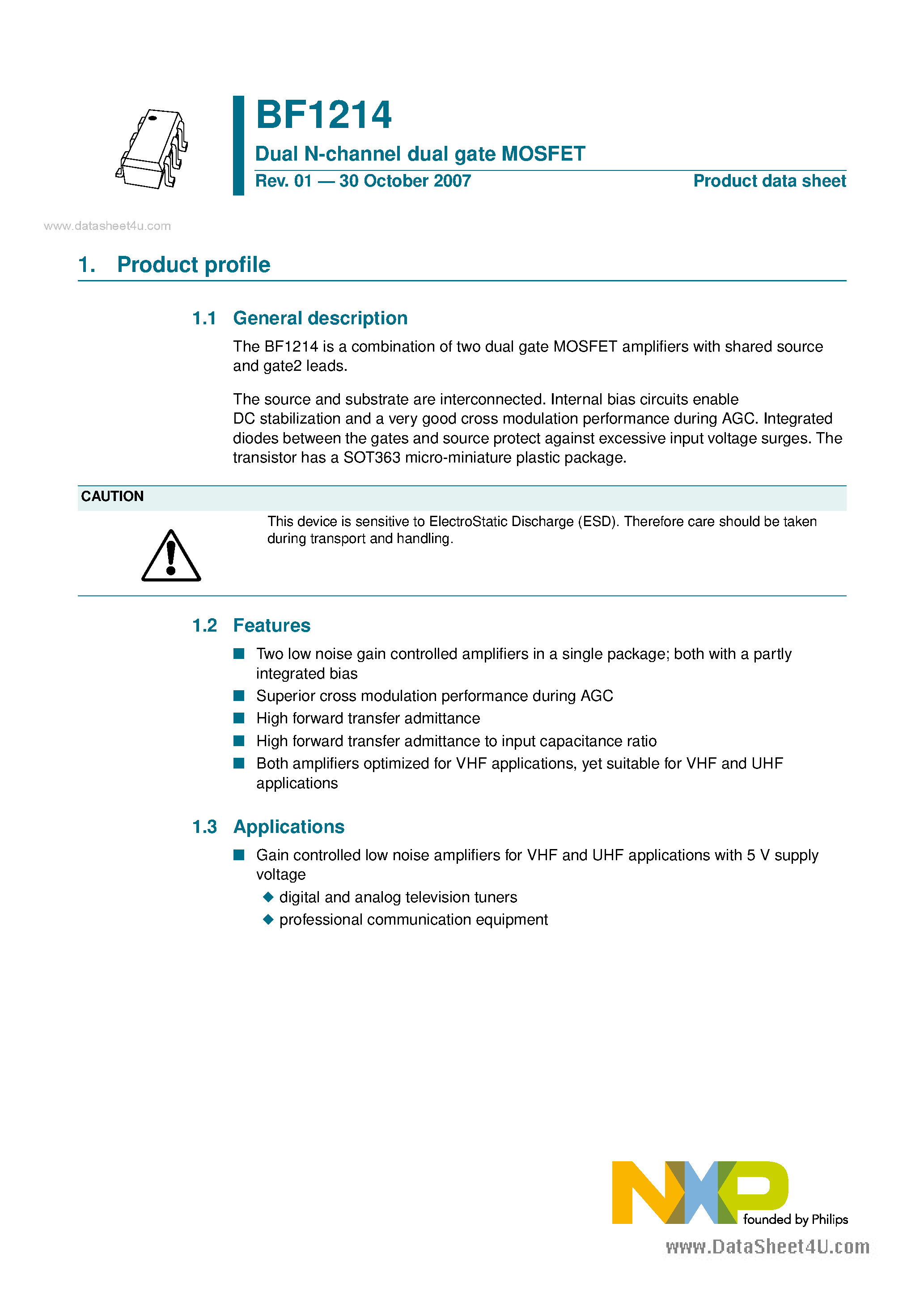 Datasheet BF1214 - Dual N-channel dual gate MOSFET page 1